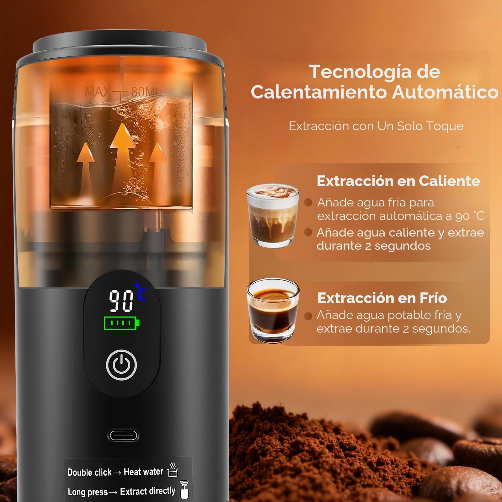 Cafetera Espresso Portátil, 3 en 1 Máquina de Café Eléctrica Compatible con Cápsulas Nespresso & Café Molido, Autocalentamiento, USB Recargable, Presión de 25 Bar, para Viajes Camping Coche Oficina