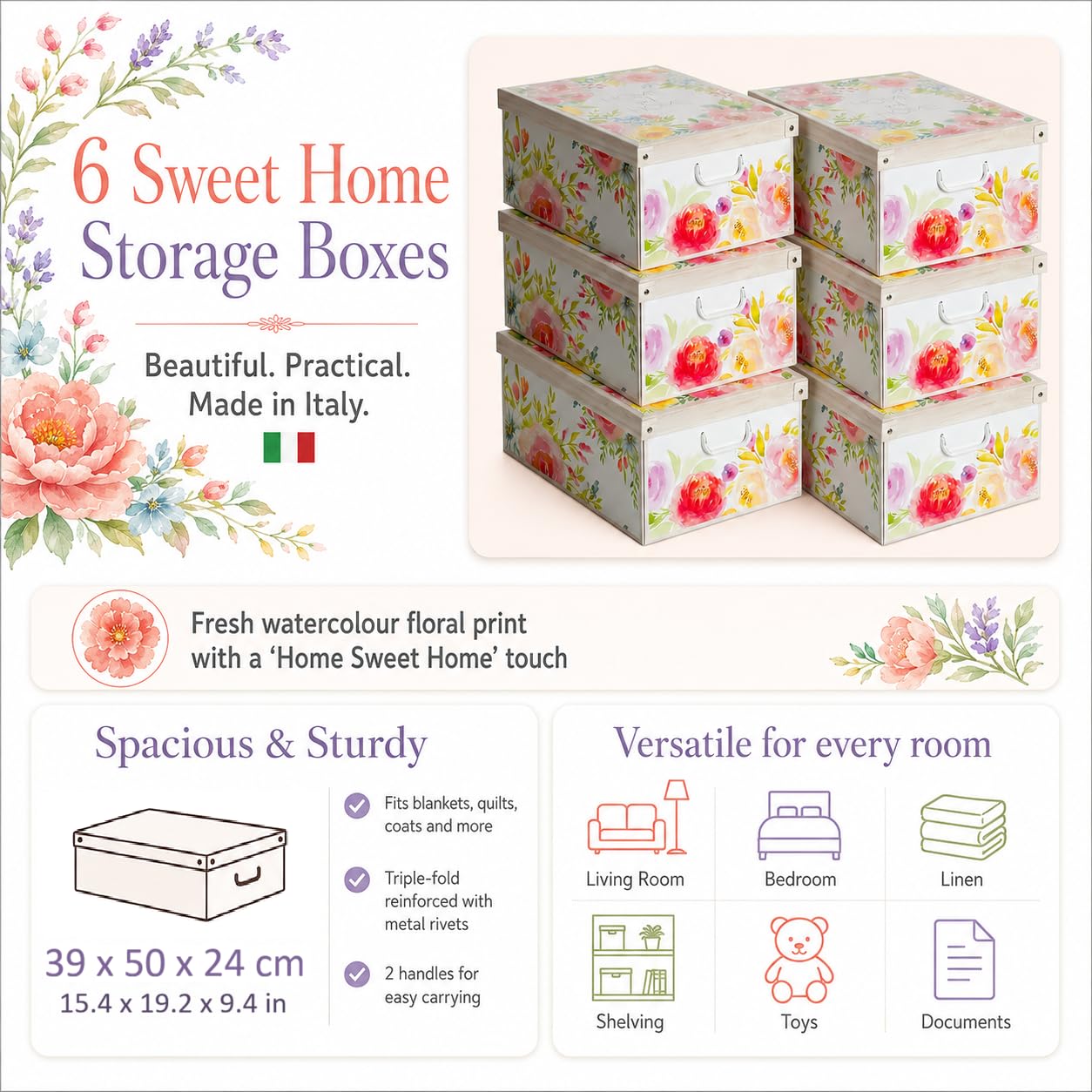 Lavatelli Set 6 Scatole Armadio Portaoggetti con Coperchio – Organizer Cambio Stagione in Cartone 39x50x24 cm Sweet Home – Made in Italy, Resistenti, Facili da Montare, con Maniglie