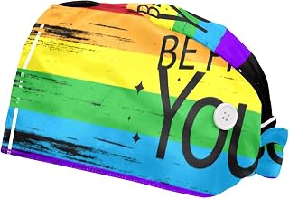 2 Pieces Working Hat with Buttons Adjustable Sweatband Bouffant Hats Unisex Tie Back Hats Colorful Rainbow Pride