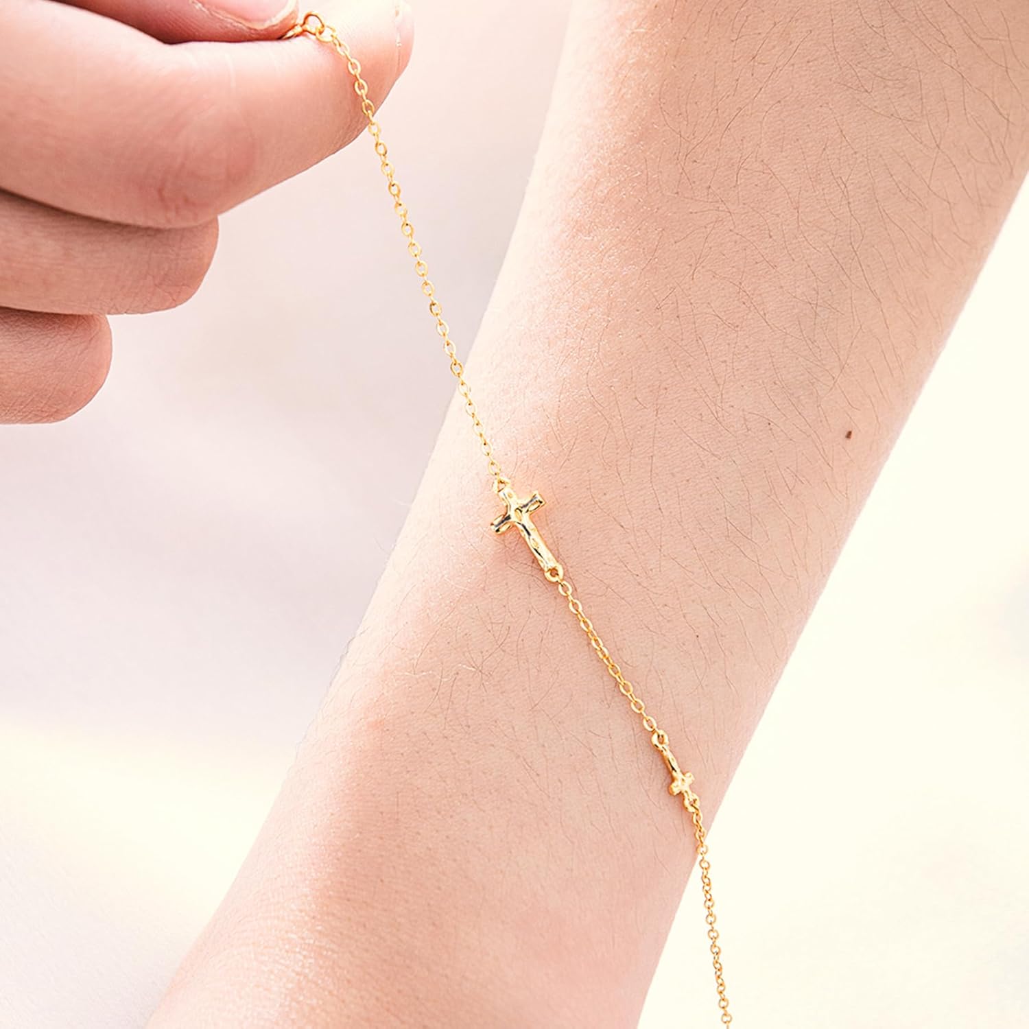 Dainty S925 Silver Cross Bracelet for Women - 14k Gold Plated Small Cross Pendant Necklace Bracelet, Sideways Cross Design, 925 Sterling Silver - Image 3