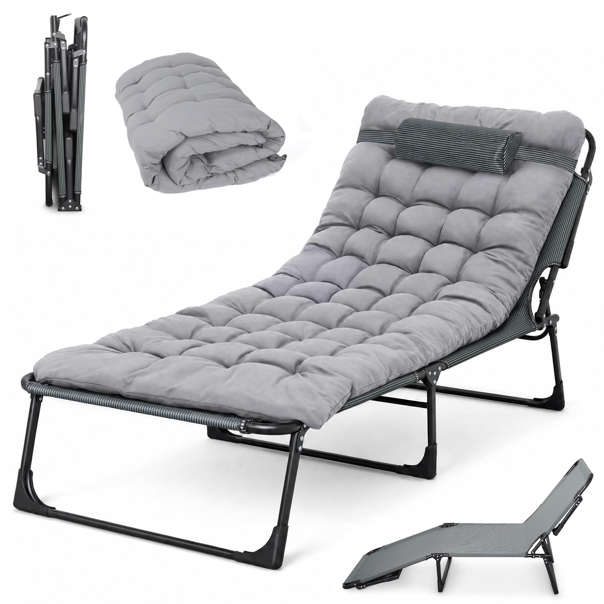 Campingbett Feldbett klappbar 190×68×30 cm, Tragfähigkeit 200 KG, Faltbar Gästebett Klappbett mit Matratze und Kopfstütze für Balkon, Garten, Strand, Büro (Grau)