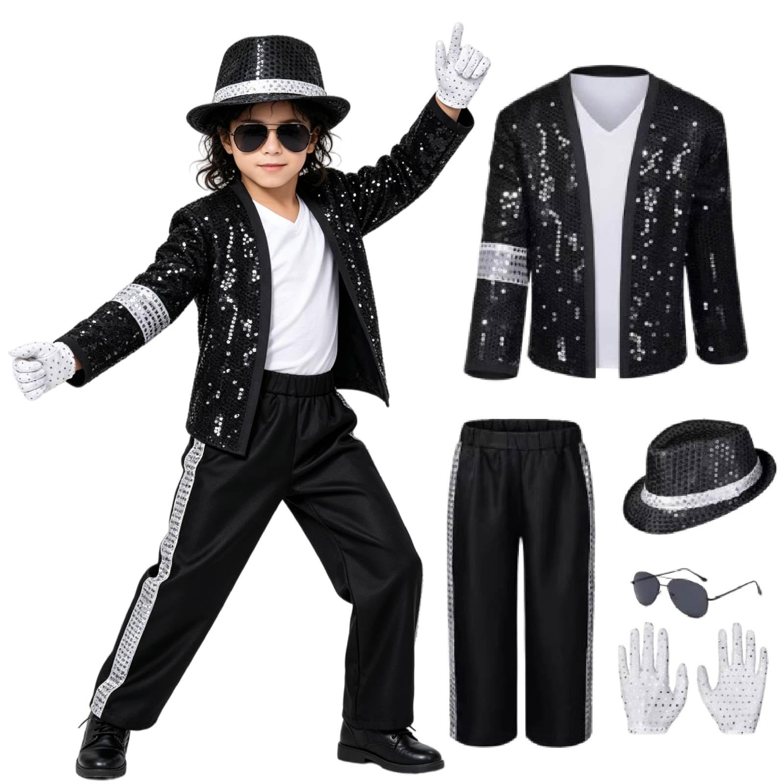 UZIPZ Michael Jackson Costume Kids, Kids Michael Jackson Costume 5-Piece Set with Shimmering Jumpsuit-Style Top, Striped Pants, Hat & Gloves, 80s 90s Music Icon Fancy Dress for Halloween (Black, XL)