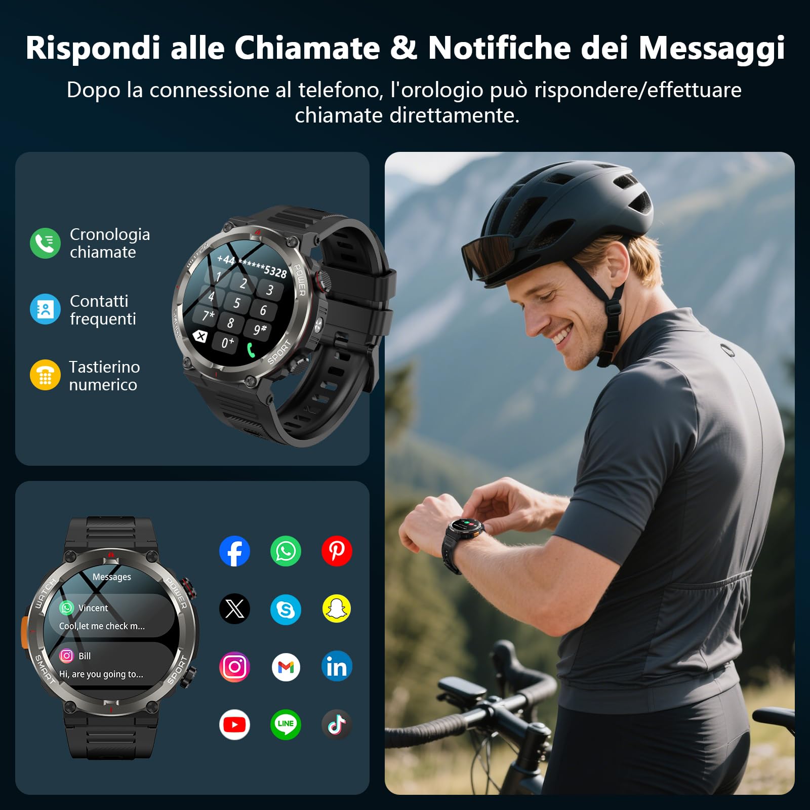 IOWODO Smartwatch Uomo Militare 1.45" con Chiamate Bluetooth, Batteria 960mAh, Torcia LED, Bussola, IP68 Impermeabile, Monitoraggio Cuore/Ossigeno nel Sangue/Sonno, 100+ Modalità Sportive, 2 Cinturini