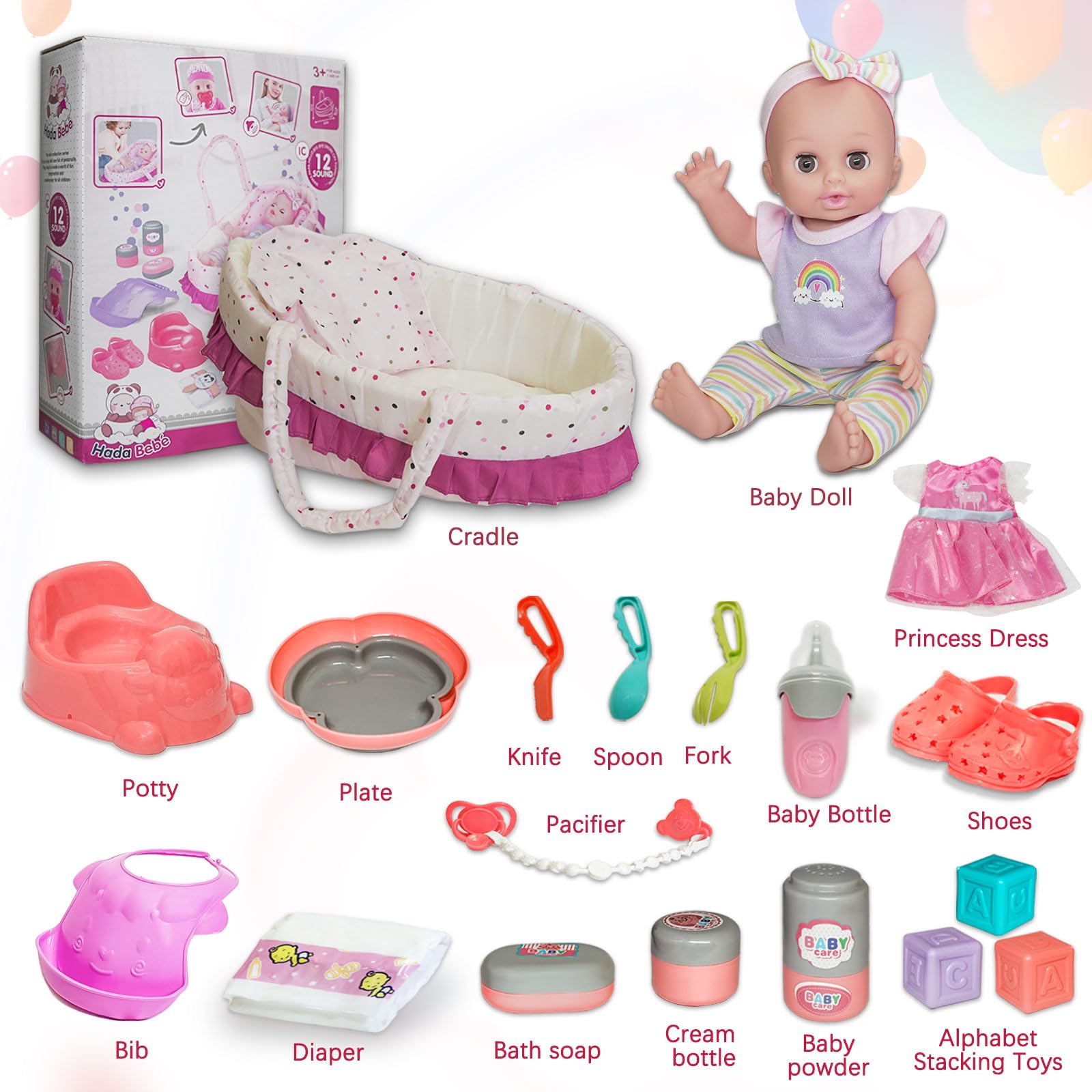 12 Inch Baby Doll Play Set with Carrier Bassinet Bed,Talking Realistic Newborn Baby Doll Toys Incl 2 Clothes & Accessories, Feeding Care Toddler Infant Doll Gifts for Age 3 4 5 6+ Years Old Girls Kid