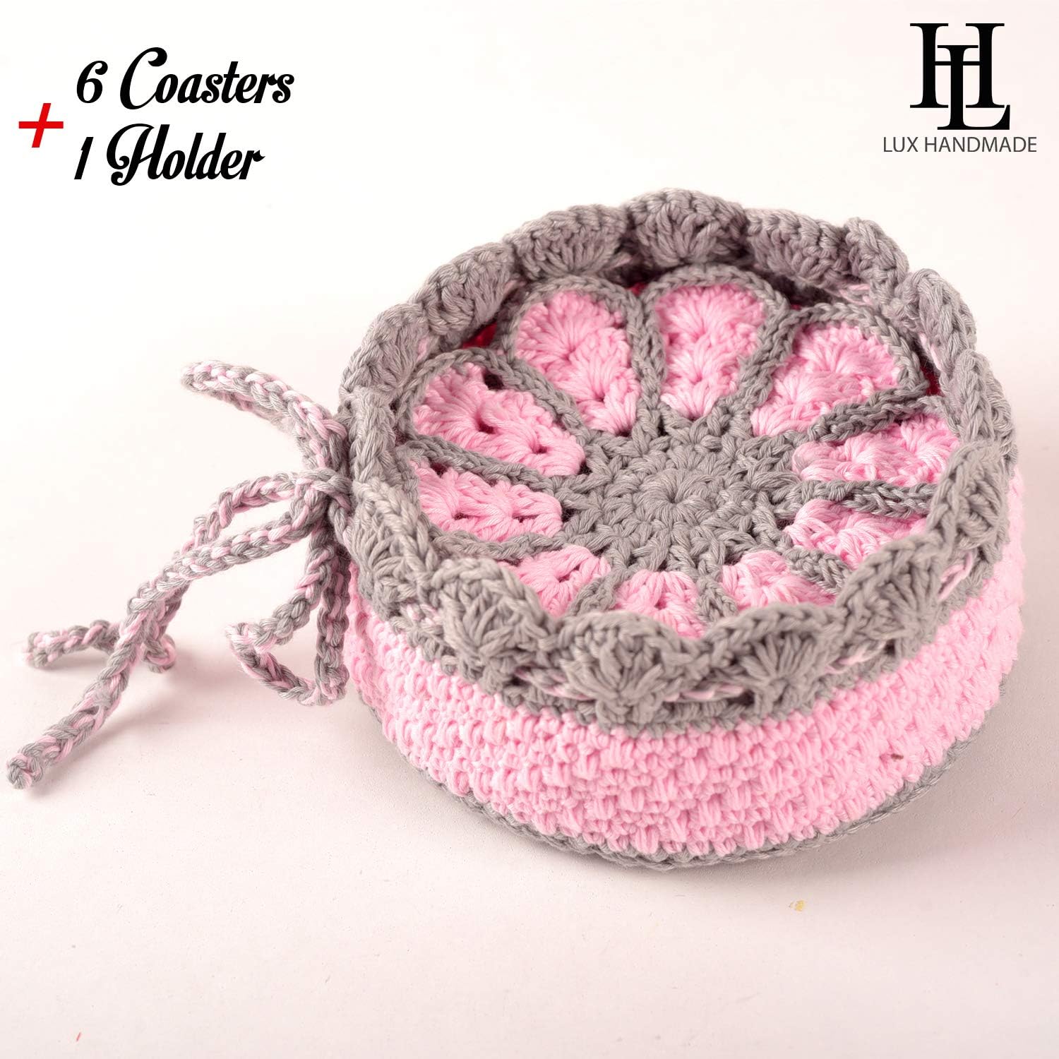 Gеt Chеар Prісе Crochet Doilies 4 Inch Coaster Set, Doily Crochet Coasters Set with Holder, Dollies Crochet Coasters for Wedding Decorations, Outdoor Coasters for Patio Table, Pack of 7, Grey Pink Flower