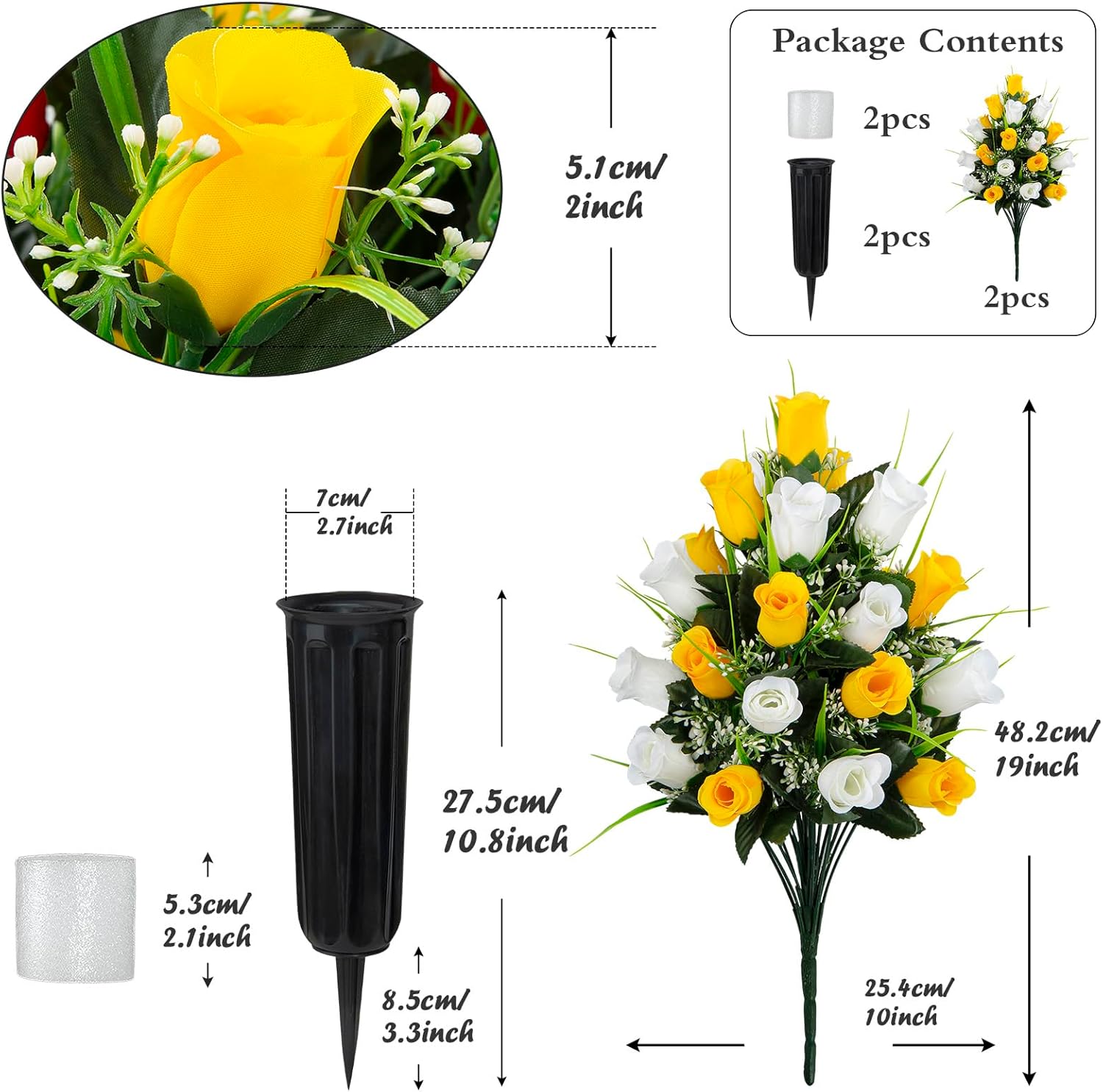 2 Sets Artificial Cemetery Flowers, Grave Decorations Roses, Memorial Flowers Bouquet with Vase for Cemetery Graveyard Headstone Decorations (Yellow-White)