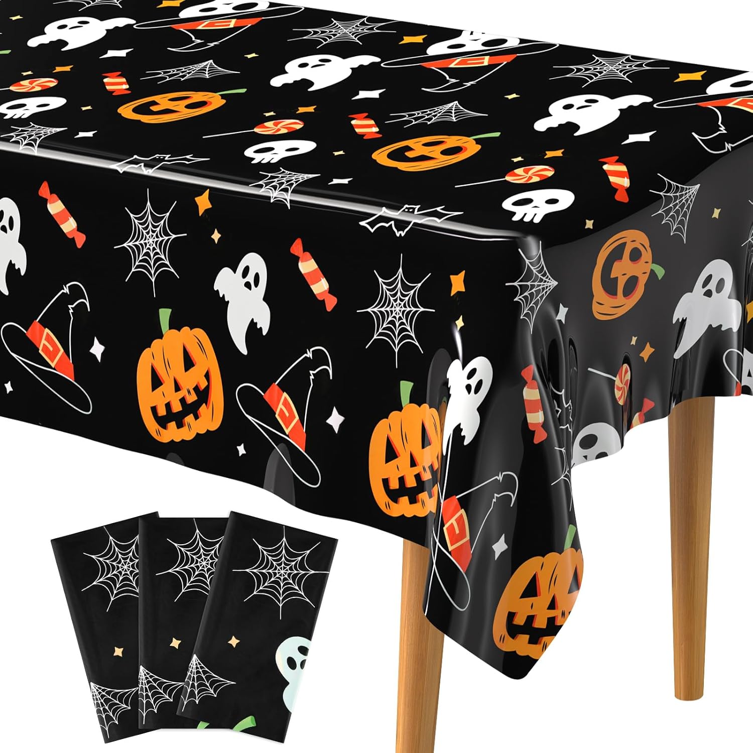 PLULON 3Pack Halloween Tablecloths 137x 274cm Pumpkin Spider  Ghost Bat Plastic Table Cloth