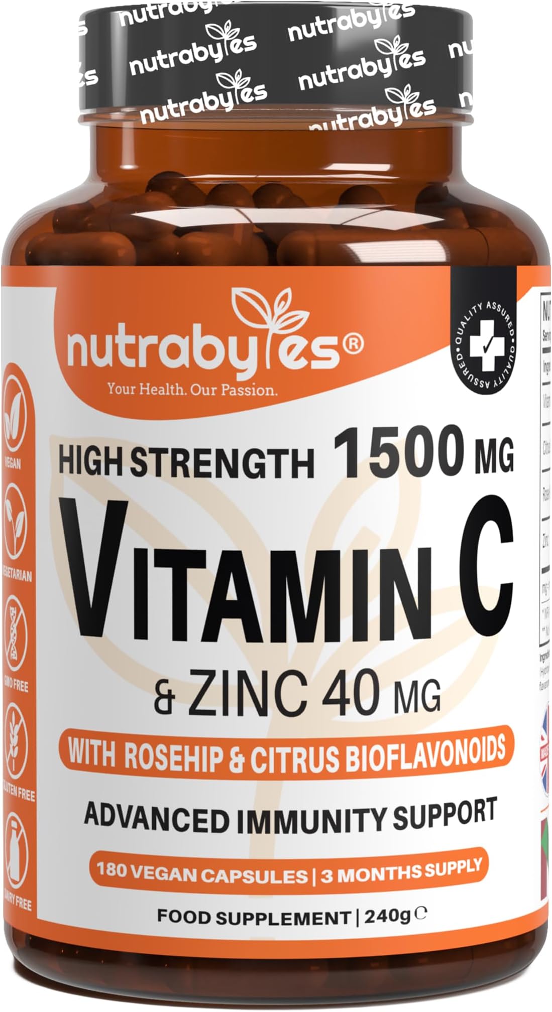 High Strength 1,500 mg Vitamin C & 40 mg Zinc Supplement with Rosehip & Citrus Bioflavonoids, 60 Capsules - 1 Month Supply | Vegan and Vegetarian | UK Made