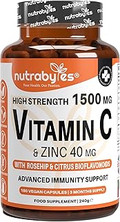 Nutrabytes High Strength 1,500mg Vitamin C & 40mg Zinc Supplement, 60 Capsules | Advanced Immune Support with Rosehip & Citrus Bioflavonoids for Healthy Skin & Joints | 1 Month Supply of Vegan Tablets