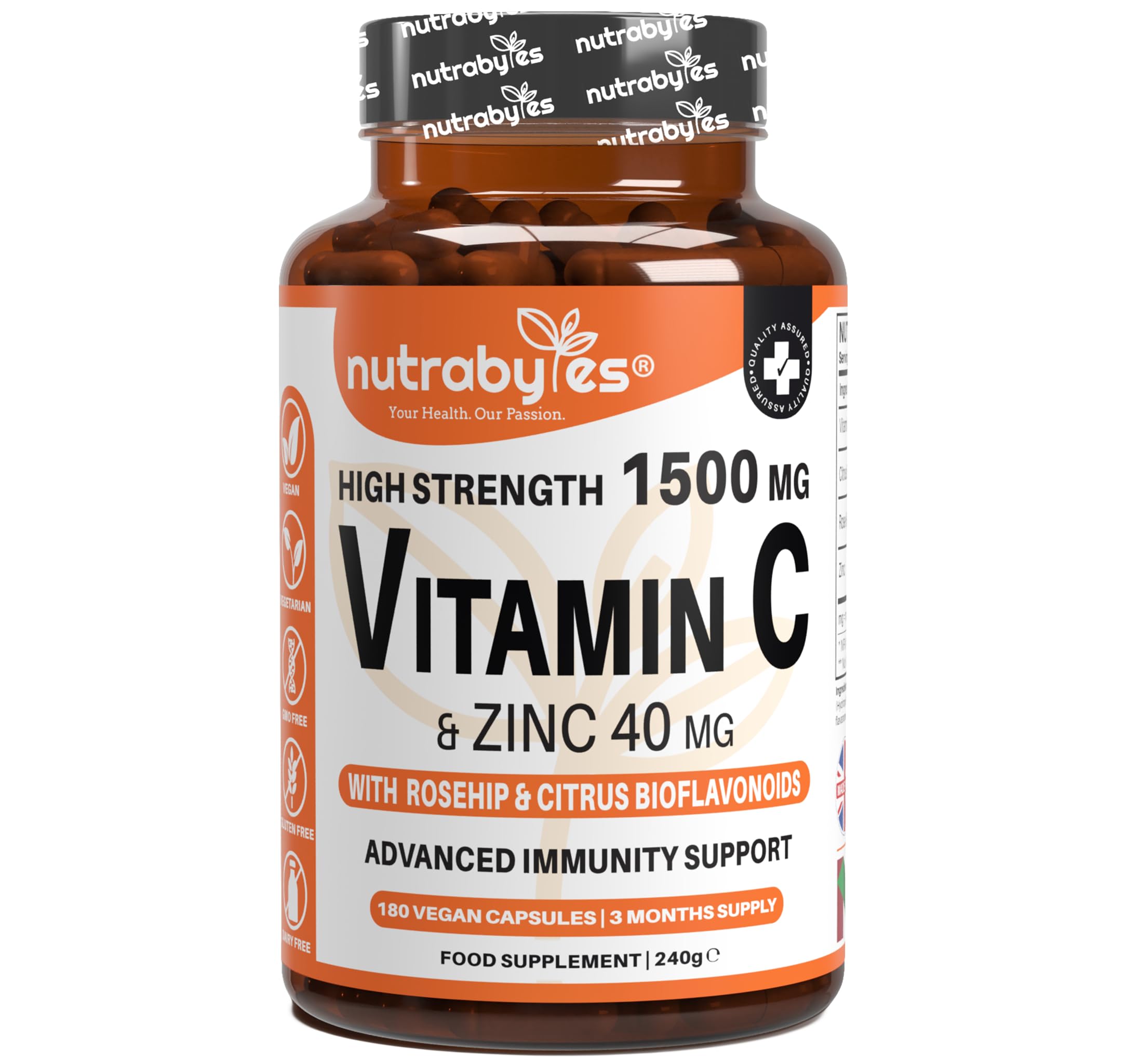 High Strength 1,500 mg Vitamin C & 40 mg Zinc Supplement with Rosehip & Citrus Bioflavonoids, 60 Capsules - 1 Month Supply | Vegan and Vegetarian | UK Made