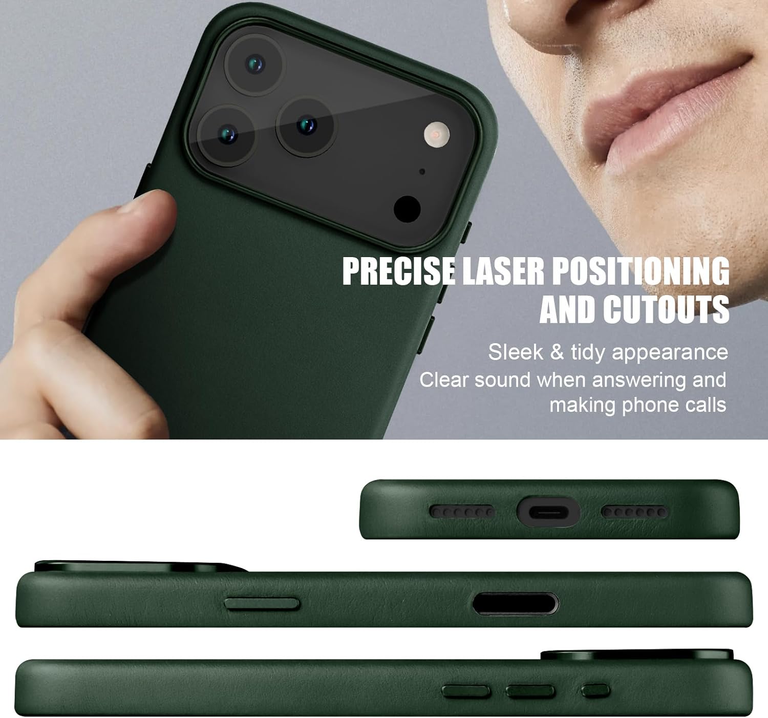 for iPhone 17 Pro Max Leather Case with Ai Camera Control Button Compatible with Magsafe, Top Grain Leather, Slim Fit Shockproof, Metal Buttons & Camera Bump Frame Protective Cover Green - Image 5