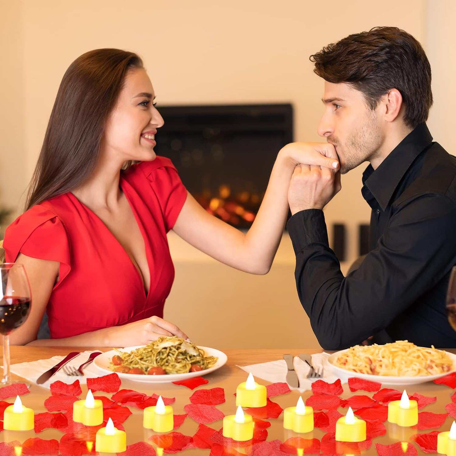 Coume 6000 Pcs Artificial Rose Petals with 120 Pcs Heart LED Tea Lights Candles Kit Valentines Rose Petals Candles Set for Romantic Night Anniversary Proposal Wedding Date Hotel(Warm White Light) - Image 6