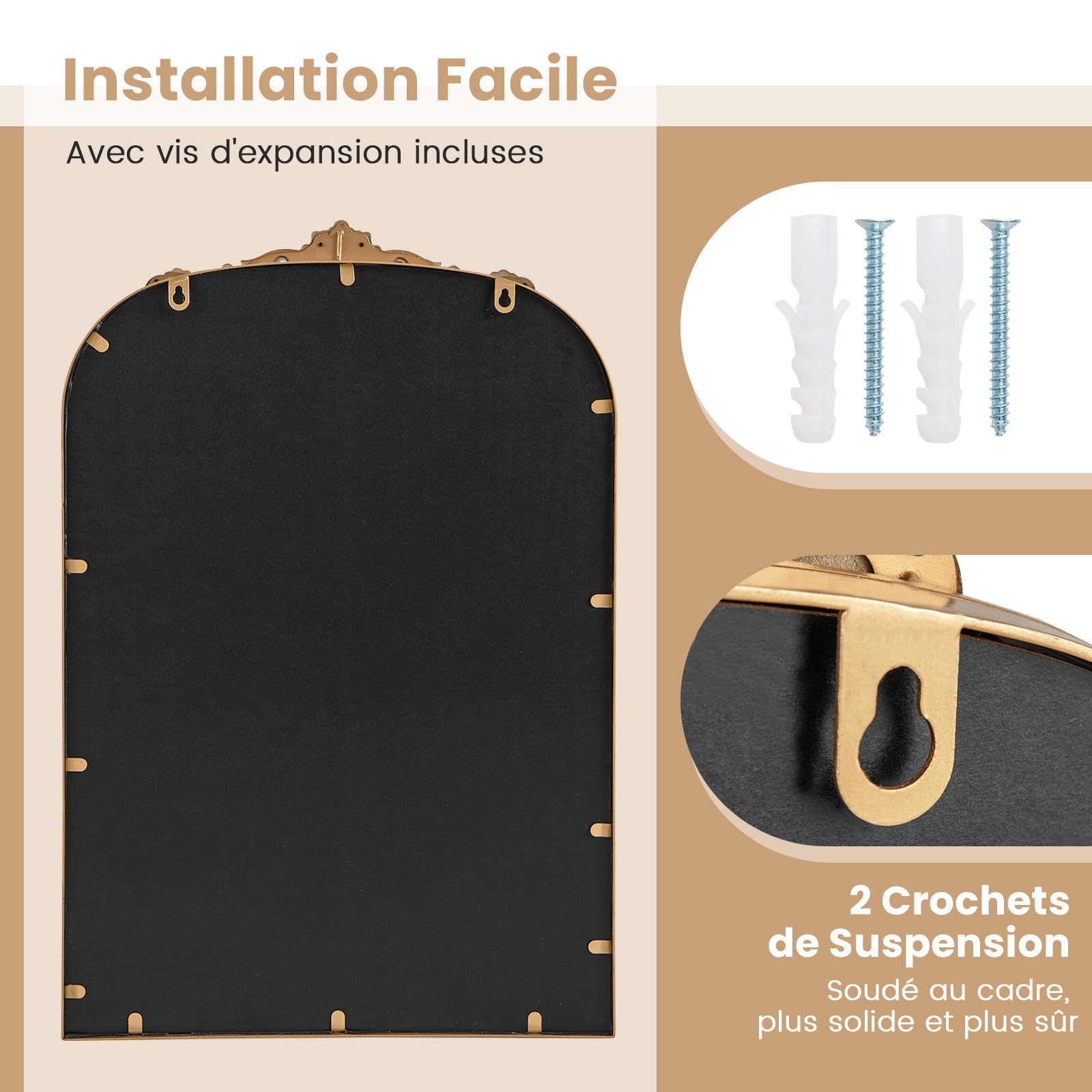 COSTWAY Miroir Mural Arch, Cadre en Métal, Grand Miroir Mural Baroque pour Salon Chambre Entrée, Réflexion HD, 2 Crochets de Suspension, Installation Facile (95 x 66 cm)