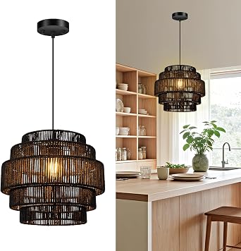 AUQUEE 5-Tier Ratten Pendant Light, 13" Paper Rope Hand-Woven Chandelier, Black Adjustable Modern Farmhouse Hanging Ceiling Light Fixture for Kitchen Island/Dining Room/Bedroom/Foyer,No Bulb, Black