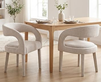 Shunzhi Modern Upholstered Dining Chairs Set of 2, Barrel Dining Room Chairs, Kitchen Chairs with Arms/Open Back, Comfy Accent Side Chairs for Bedroom/Living Room, Beige Linen