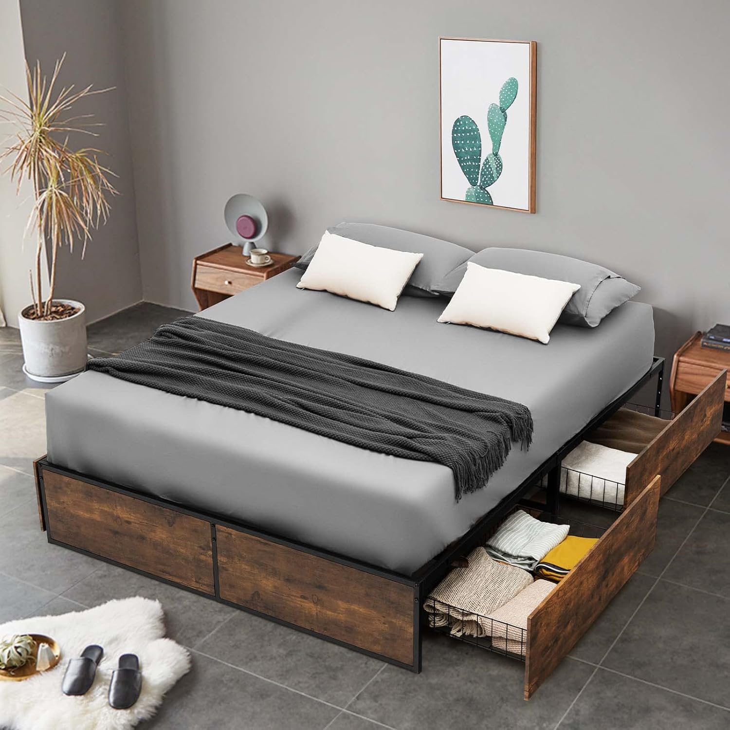 Image of the bed frame with a mattress, illustrating that no box spring is needed for this platform bed design.