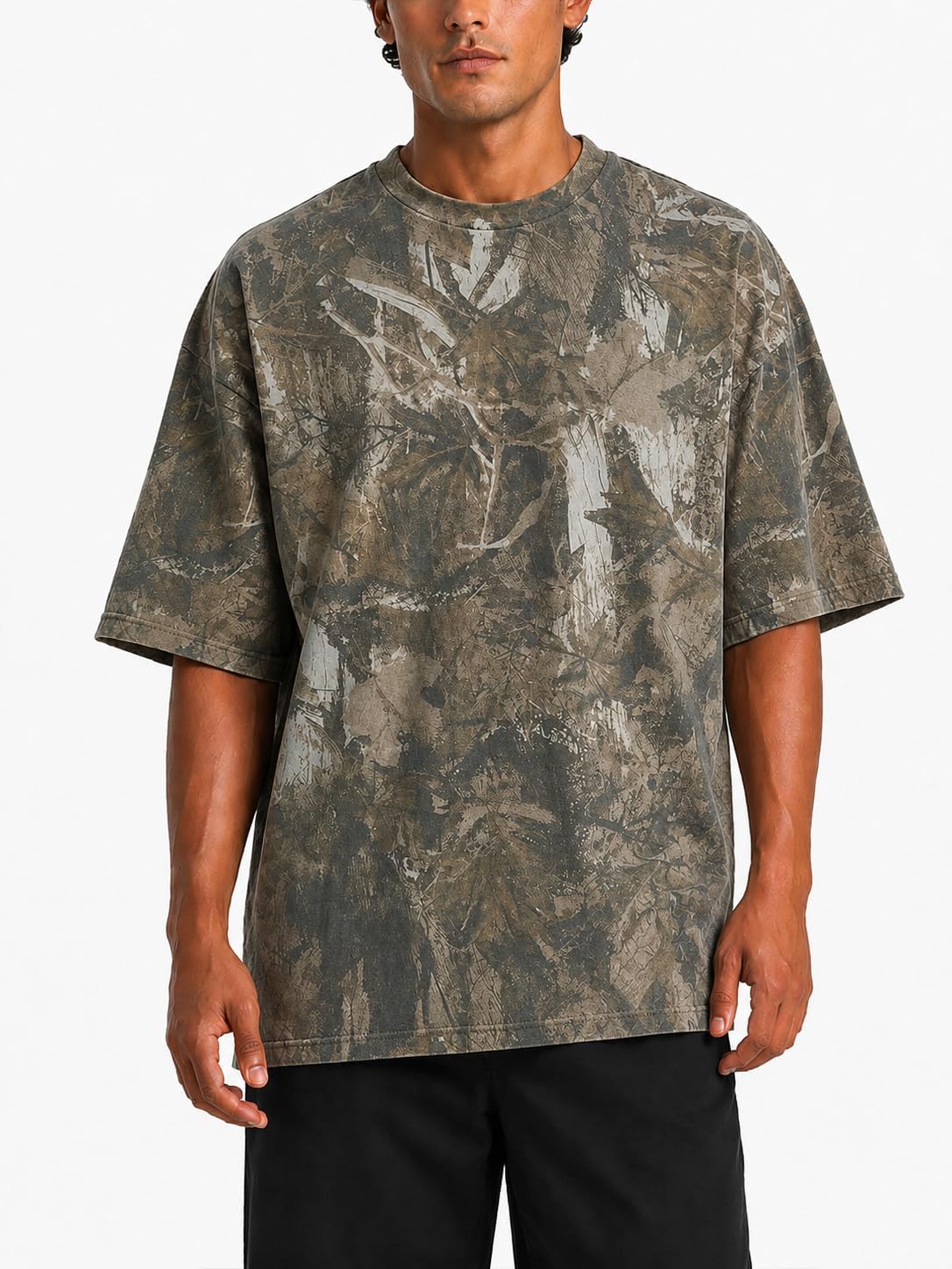 Mens Camo Oversized Shirt Y2k Crewneck Maple Leaf Printed Short Sleeve Summer Graphic Tees