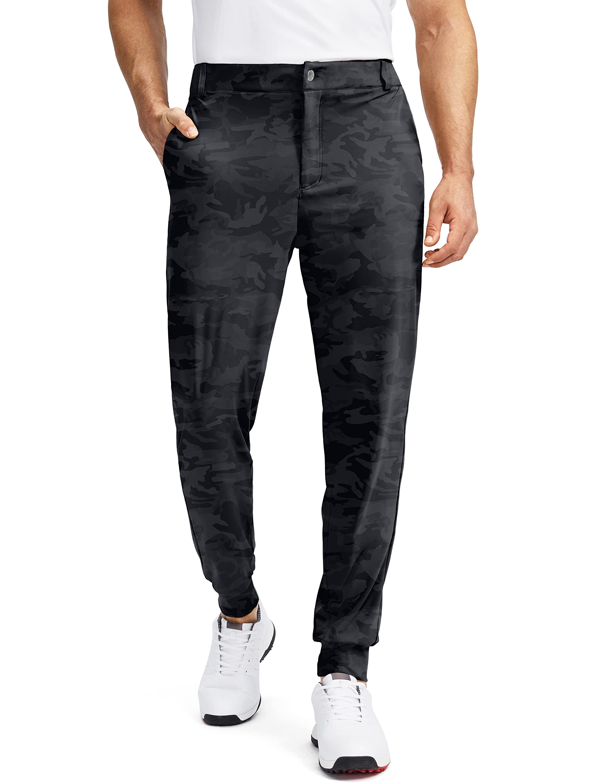 Soothfeel Men's Golf Joggers Pants with 5 Pockets Slim Fit Stretch Sweatpants Running Travel Dress Work Pants for Men(Grey Camo, M-2