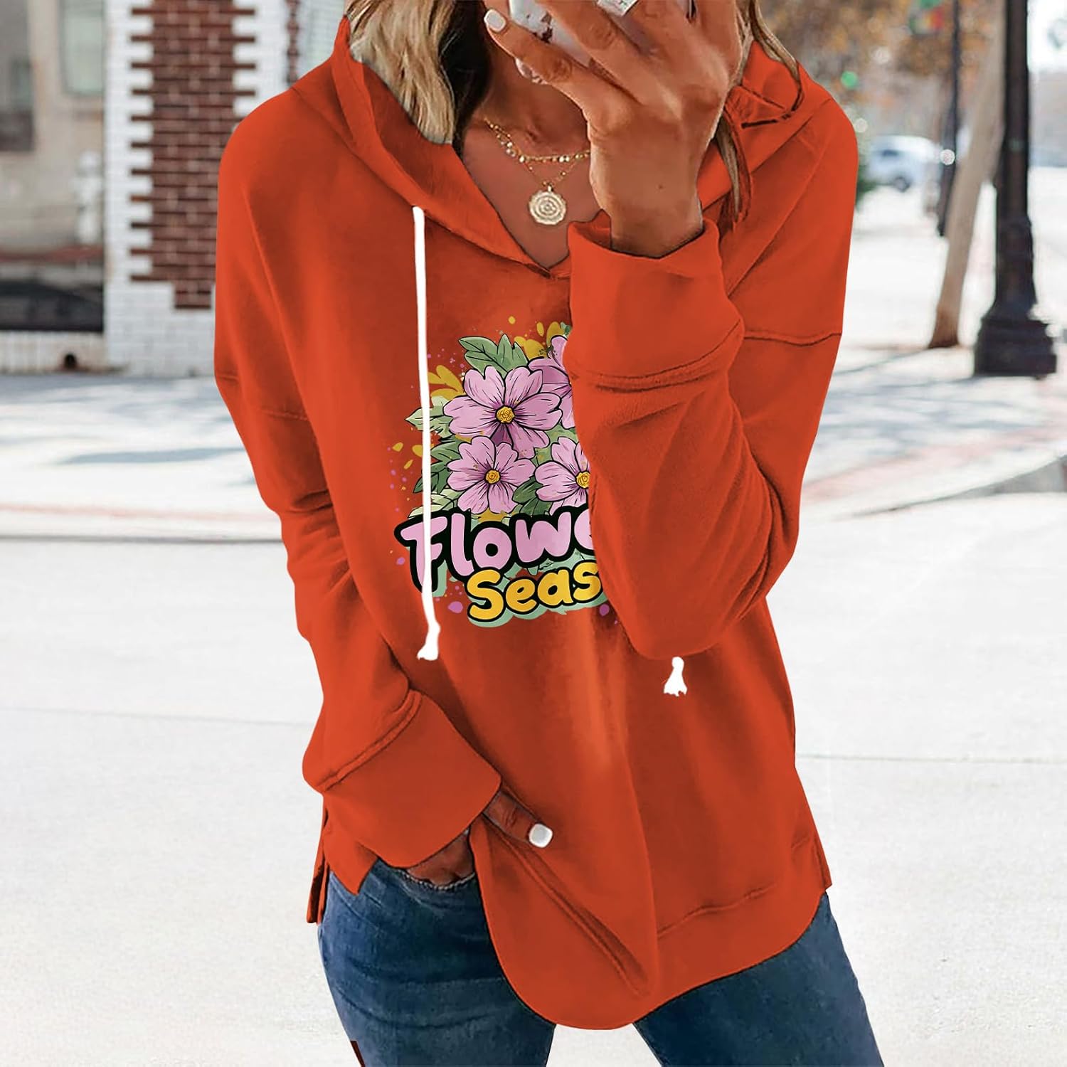 Women's Brick Red Hoodie Pullover Sweatshirt Cotton Blend Loose Fit Long Sleeve Fall Winter Top - Image 2
