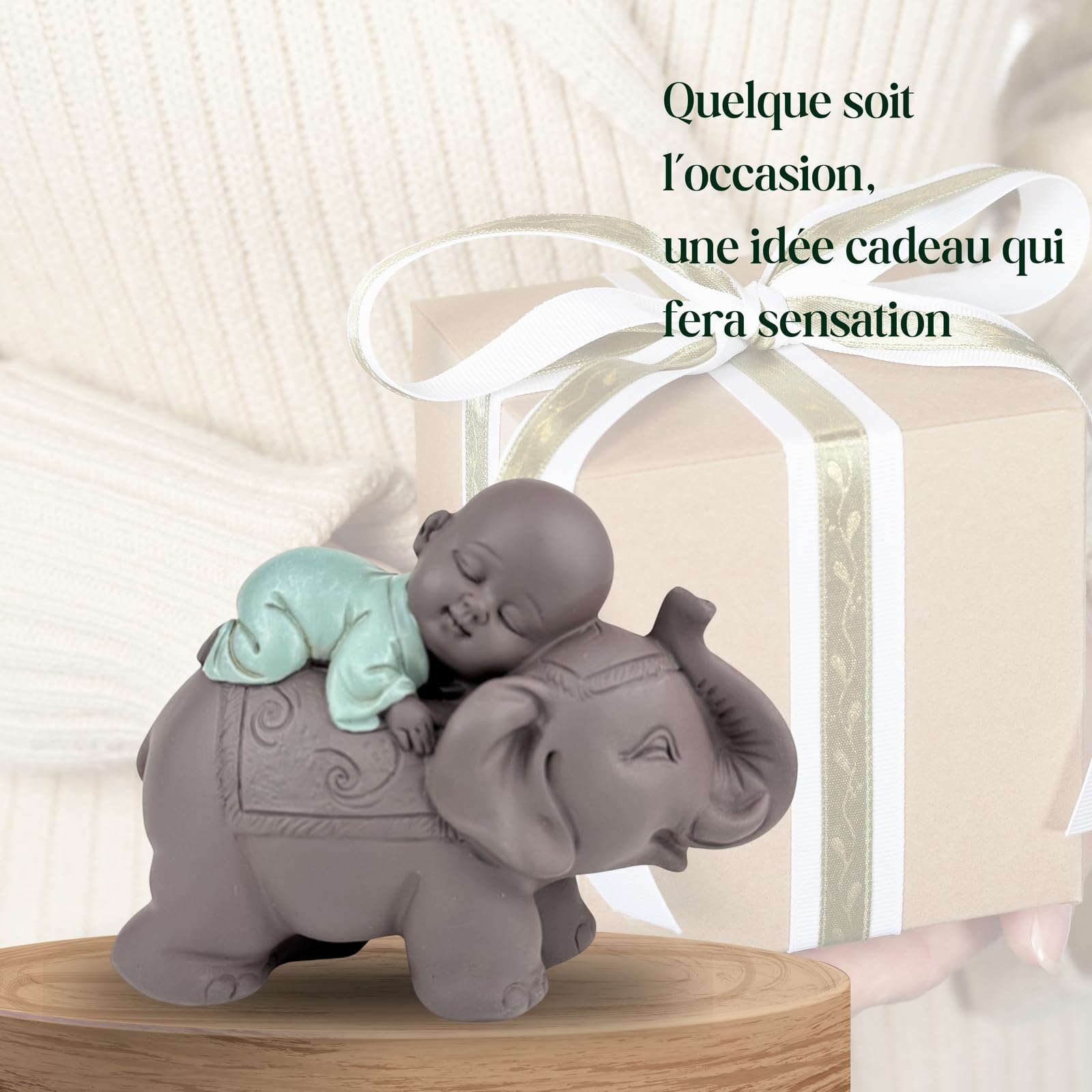 Zen'Light Statue Buddha Bonze Sleeping on Elephant, Zen Atmosphere in Your Sacred Room, Beautiful Lucky Figurine - Image 3