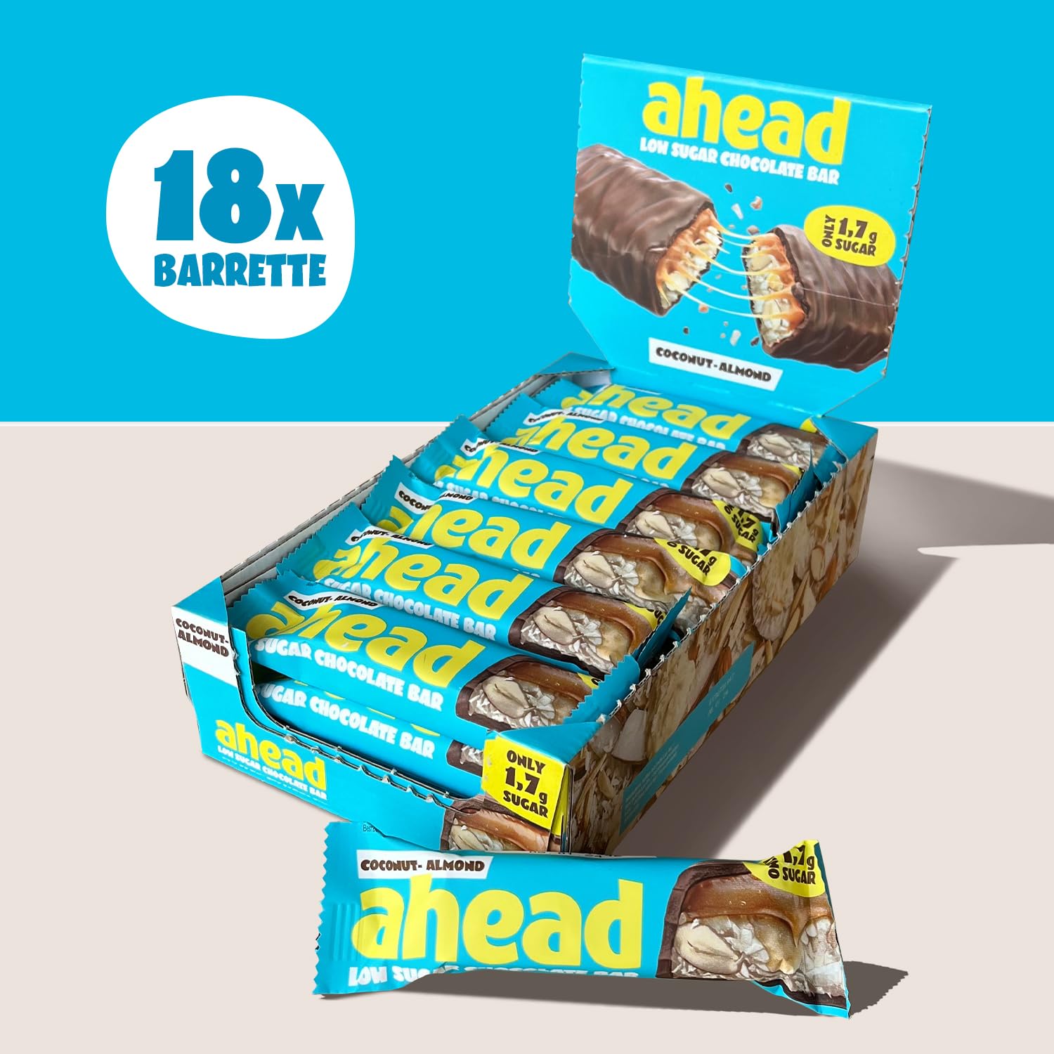 AHEAD Barrette Chetogenica – 18 x 35g – Coconut Almond – senza zucchero – solo 5g di carboidrati netti per pezzo low carb – Keto Bar
