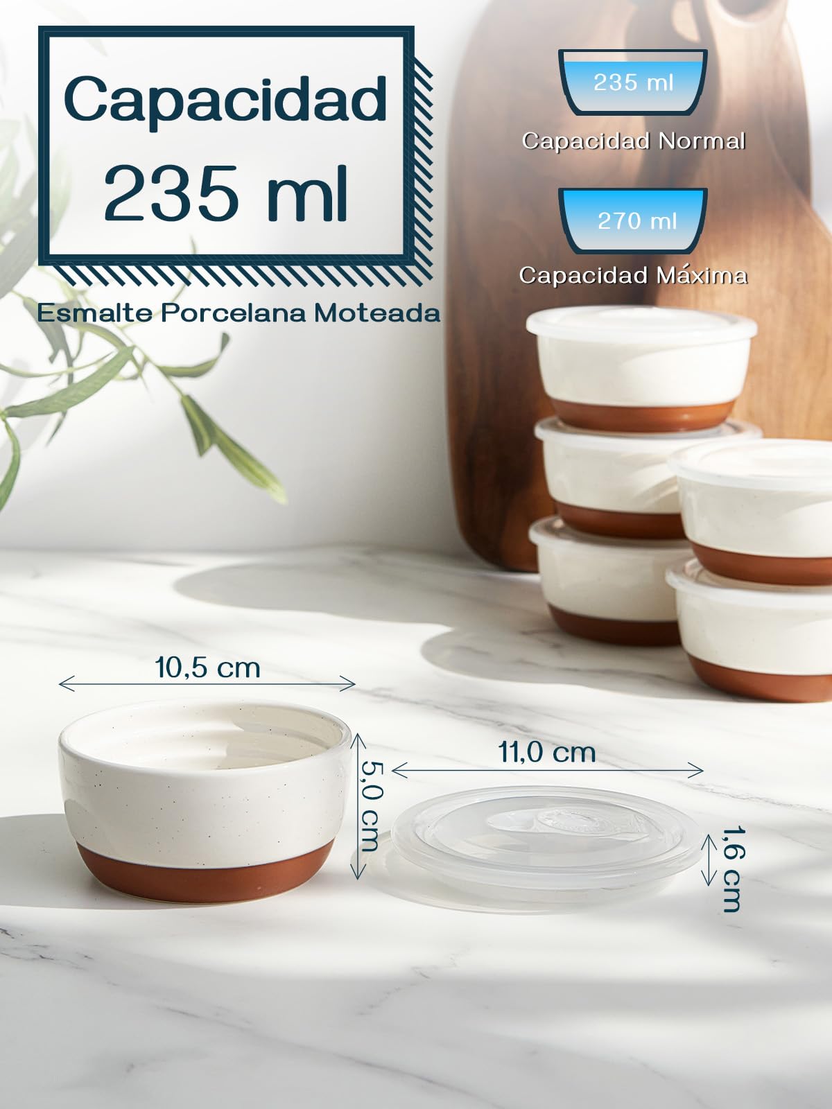 DOWAN Moldes para Soufflé con Tapas, 6 X 235ml Baking Moldes de Porcelana para Hornear Crema Catalana y Tartas, Cuencos de Postre, Apto para Horno y Freidora de Aire, Ø 11cm-Esmalte Moteada