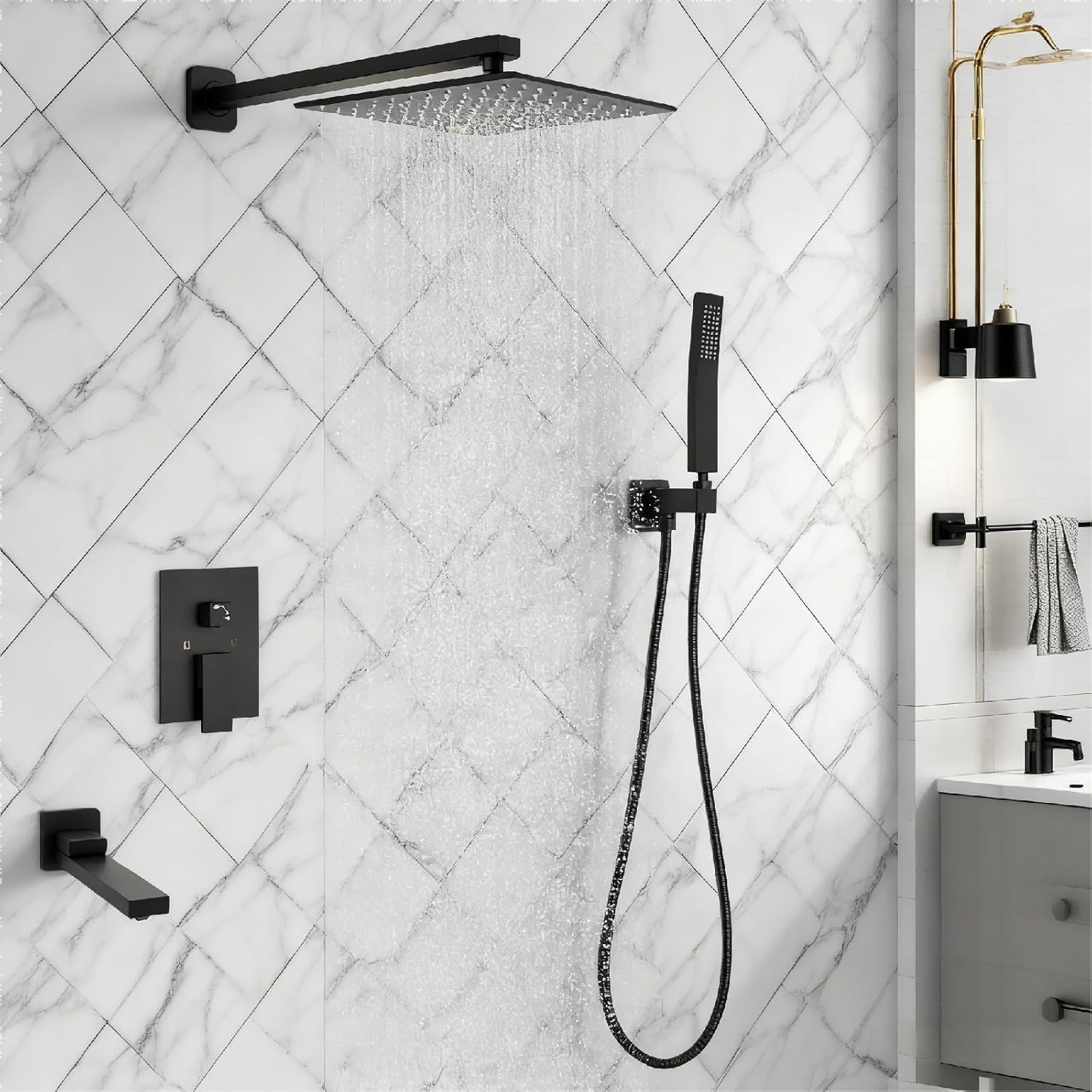 10 inch Square Shower Head and Handheld Set, Gasecoet Shower System with Tub Spout Wall Mounted Shower Faucet for Bathroom - Matte Black (With Shower Valve)
