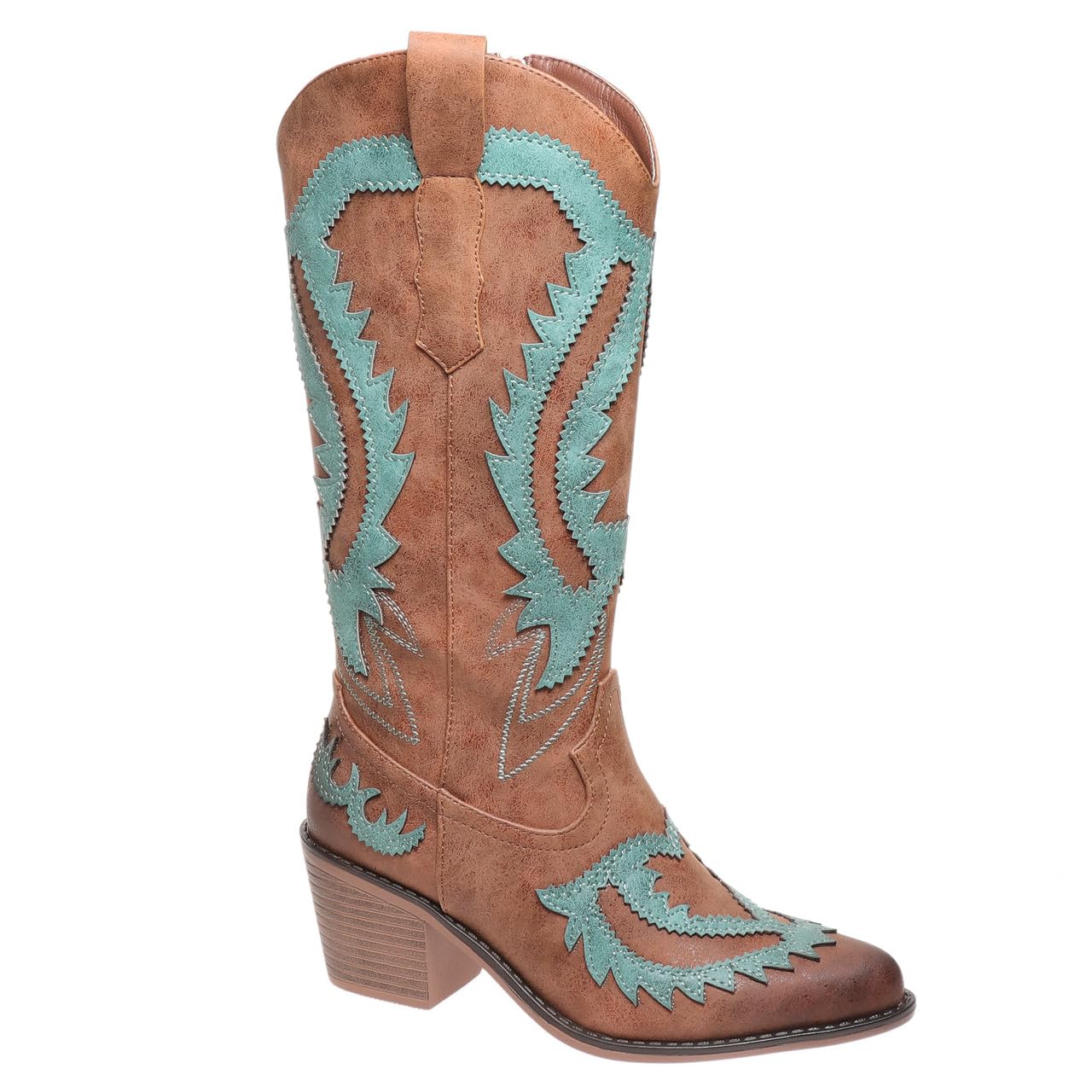 Pierre Dumas Women Western Cowboy Embroidered Faux Leather Mid-Calf Stacked Block Heel Boots