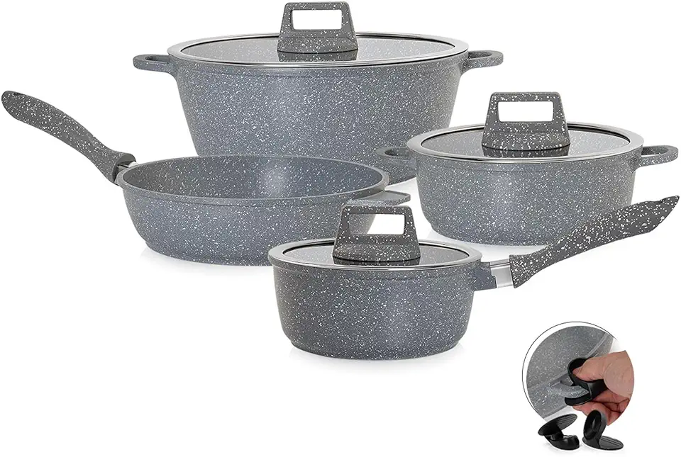 MODA DO CHEF Jogo de Panelas Antiaderrnte 4 Peças Graniflon Cinza com Frigideira Caçarolas e Panela Antiaderente Premium, tampa de vidro Leve Fácil de Limpar Ideal para o Dia a Dia
