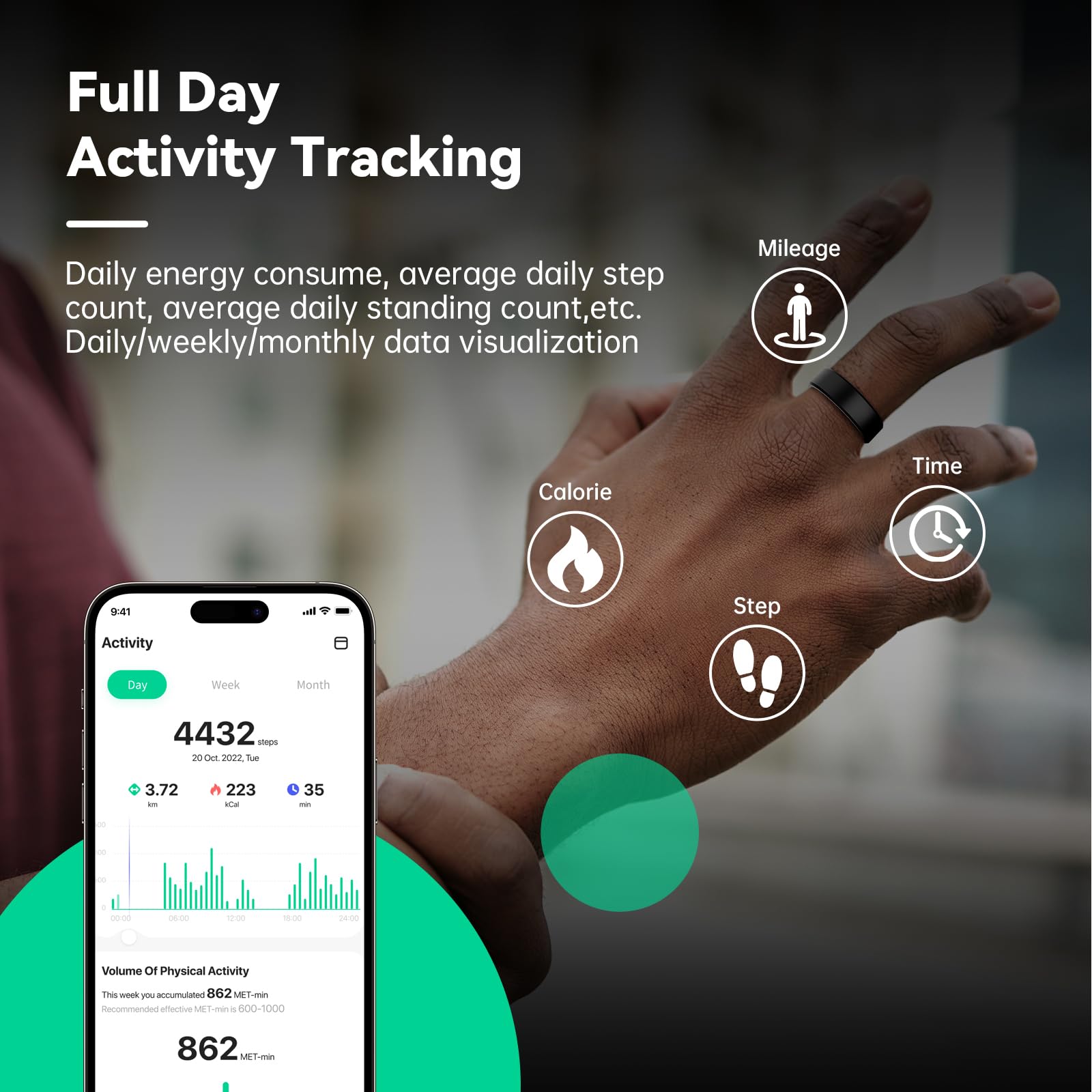 Smart Ring voor dames en heren, geen app-abonnement, draagbaar voor slaap-, hartslag- en fitnesstracking, 5ATM 3g ultralichte smartring, 7 dagen batterijduur, compatibel met iOS/Android (Zwart, 9