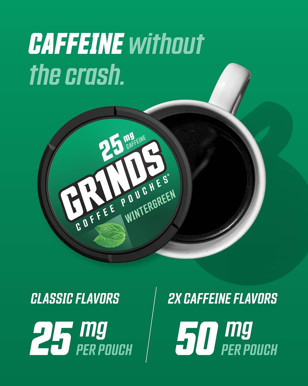 Grinds Coffee Pouches | 6 Can Sampler | Caramel,Double Shot Espresso, Cinnamon Roll, Vanilla, Wintergreen, Spearmint | 1 Pouch eq. 1/4 Cup of Coffee