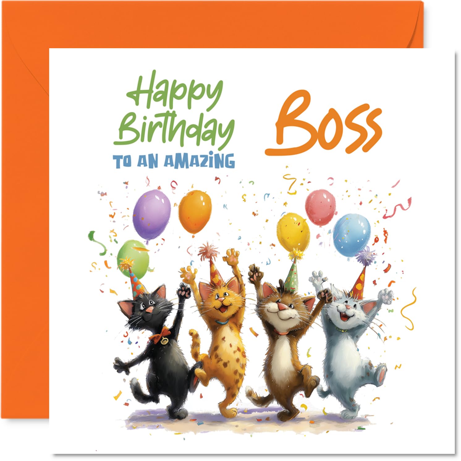 Playful Birthday Card for Boss - Celebrate in Style - Party Cats, Balloons and Confetti for Your Amazing Boss - 145mm Square, Envelope Included