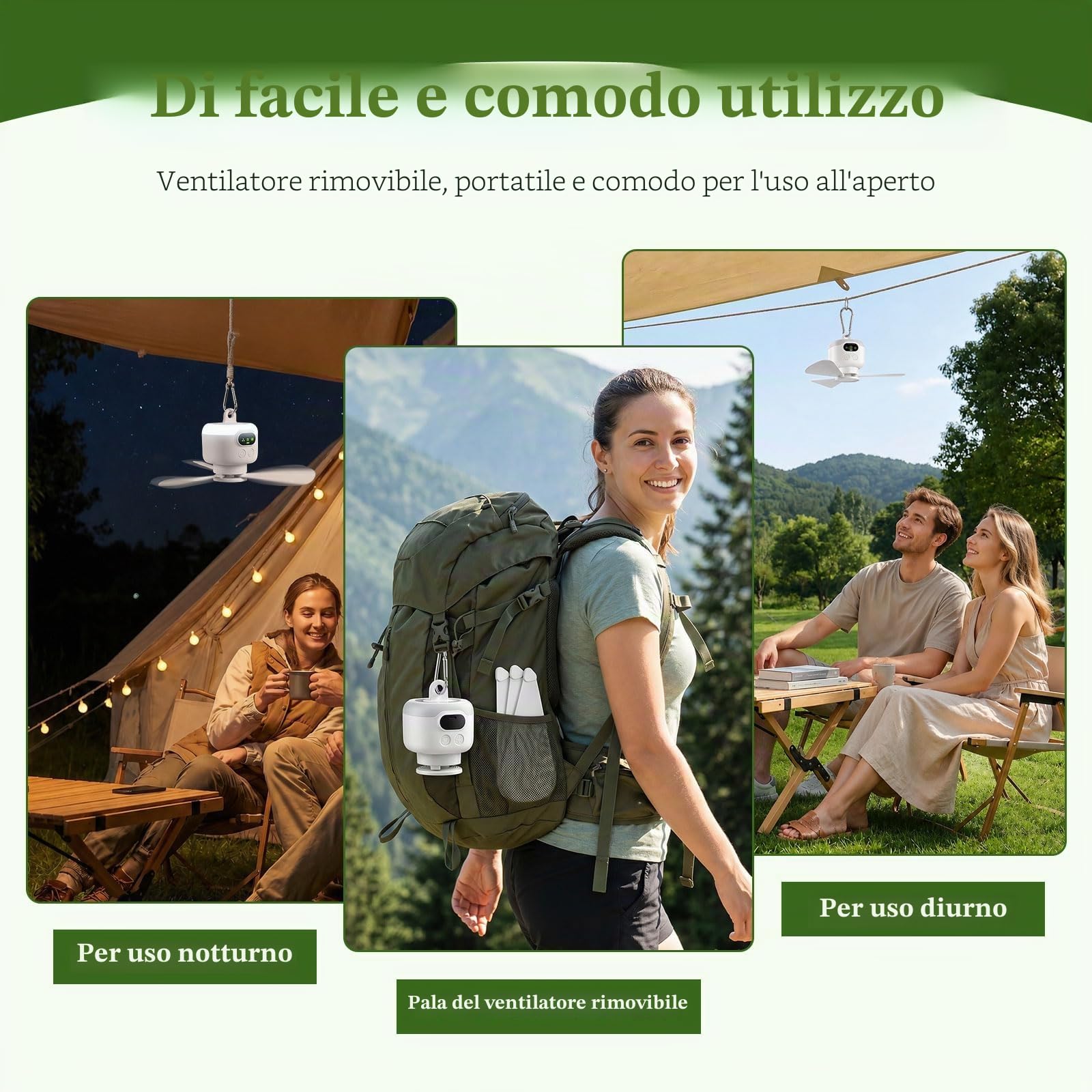 Piccolo Ventilatore da Campeggio Ricaricabile 8000mAh con Luce LED e Telecomando, Mini Ventilatore da Soffitto per Tenda Silenzioso, 4 Velocità Timer, Portatile Interno Esterno