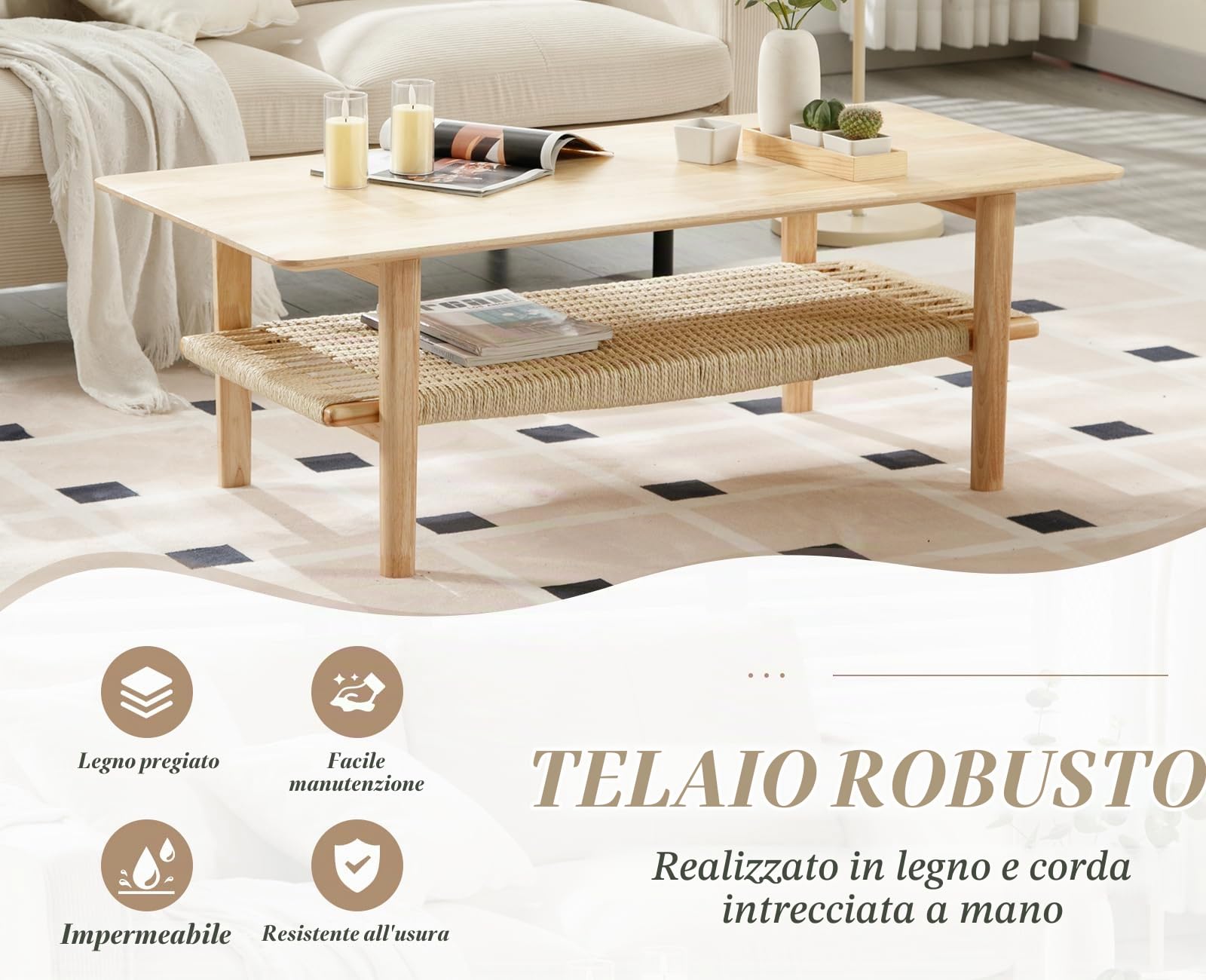Ya-Home Tavolino da Salotto con Ripiano Intrecciato Tavolino da Caffè Moderno a Doppio Strato in Legno Tavolino Basso da Divano Soggiorno/Camera da Letto/Ufficio, Legno Naturale