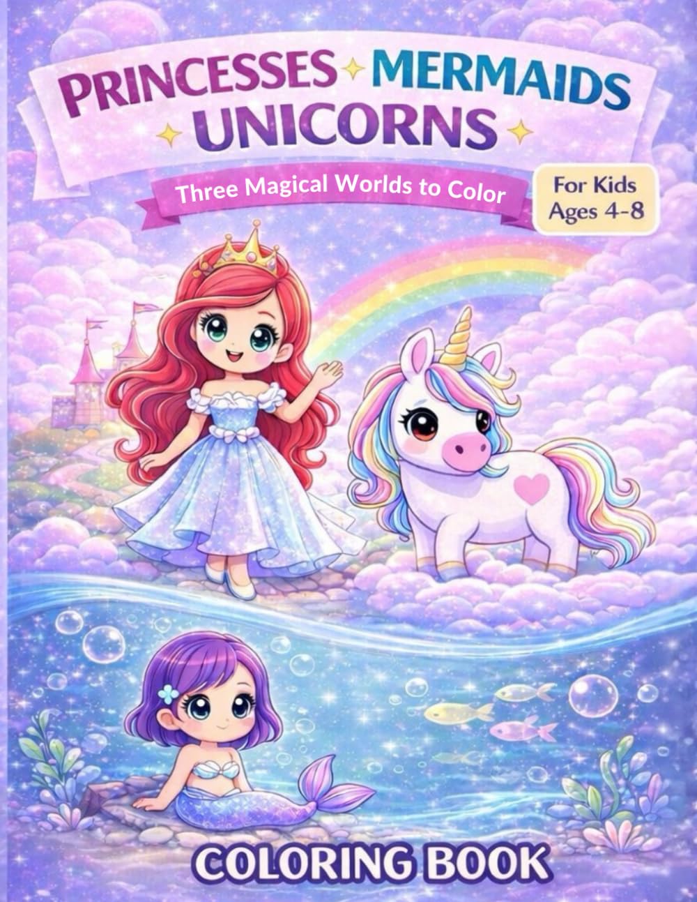 Princesses, mermaids and unicorns: a coloring book for kids with 50+ cute fantasy illustrations (ages 4–8)