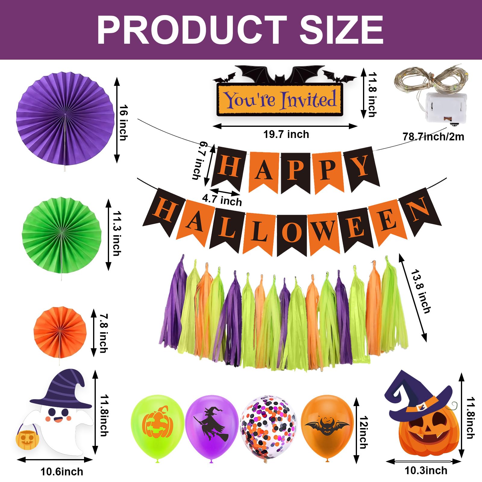 Zestaw dekoracji bagażnika lub smakołyków na Halloween, do samochodu, SUV-a, z banerem, wachlarzami papierowymi, balonami, frędzlami, dekoracja na Halloween, do drzwi garażowych, wejściowych