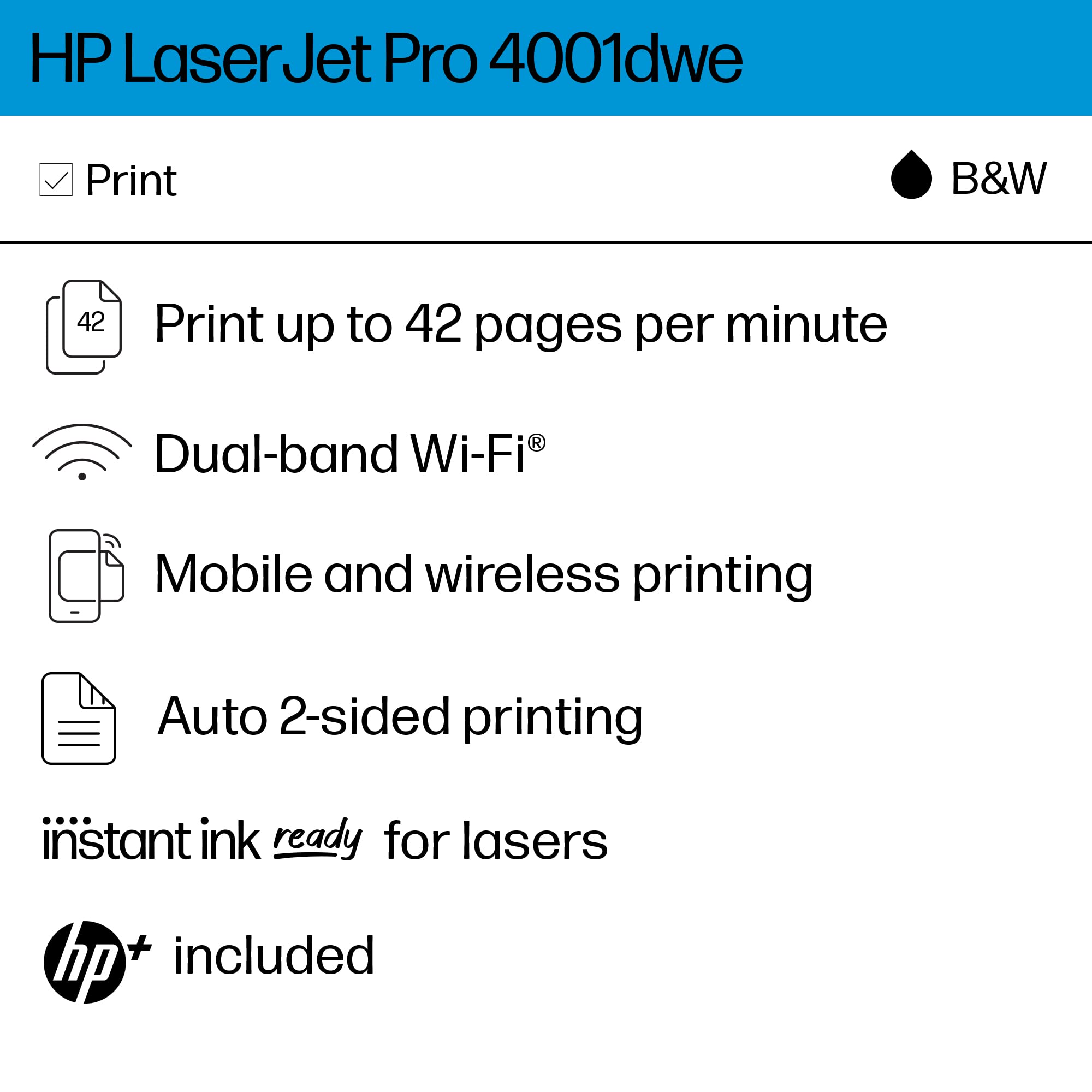 HP LaserJet Pro 4001dwe,Monochrome Wireless Black & White Printer with HP+ Smart Office Features