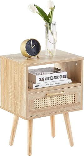 Miniatura 8 de YOUGUO Juego de 2 mesitas de noche, mesa auxiliar con cajón decorativo de ratán y patas de madera maciza, mesa decorativa de madera con