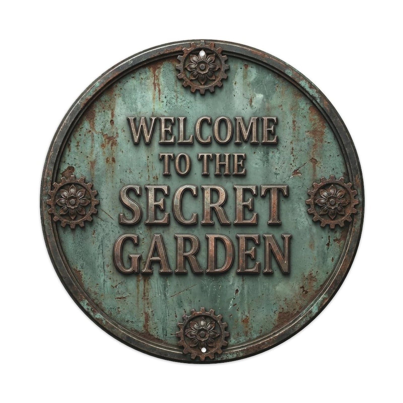 Vintage Welcome Secret Garden Iron Grey Geared Metal Tin Sign
