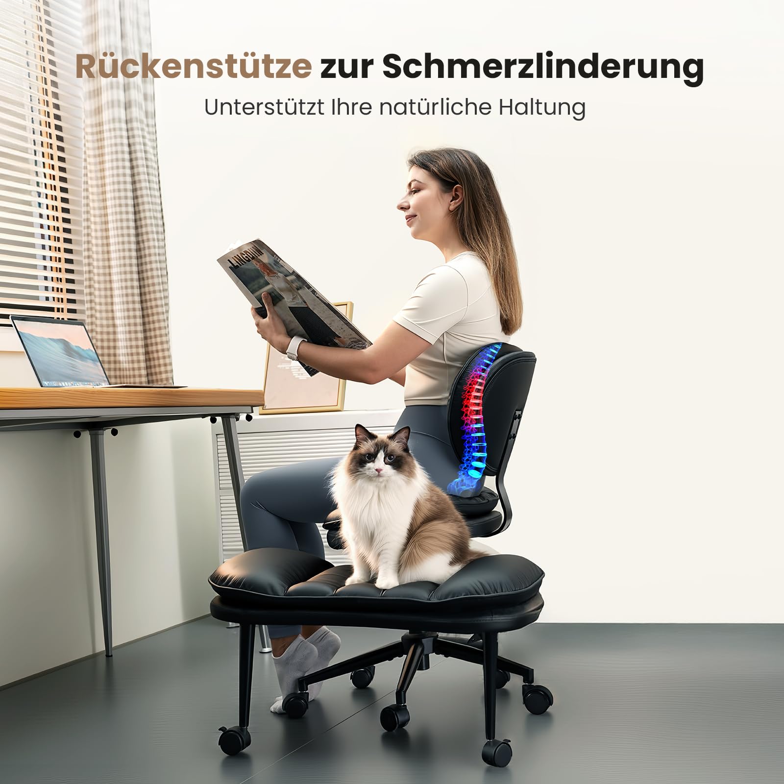 HOMRELEXA Bürostuhl mit Kreuzbeinen, 360° drehbar, Ergonomischer Kniestuhl, Criss Cross Schreibtischstuhl mit Verstellbarer Höhe, ADHS-Meditationsstuhl mit Rückenstütze, Cloud PU-Leder, Schwarz