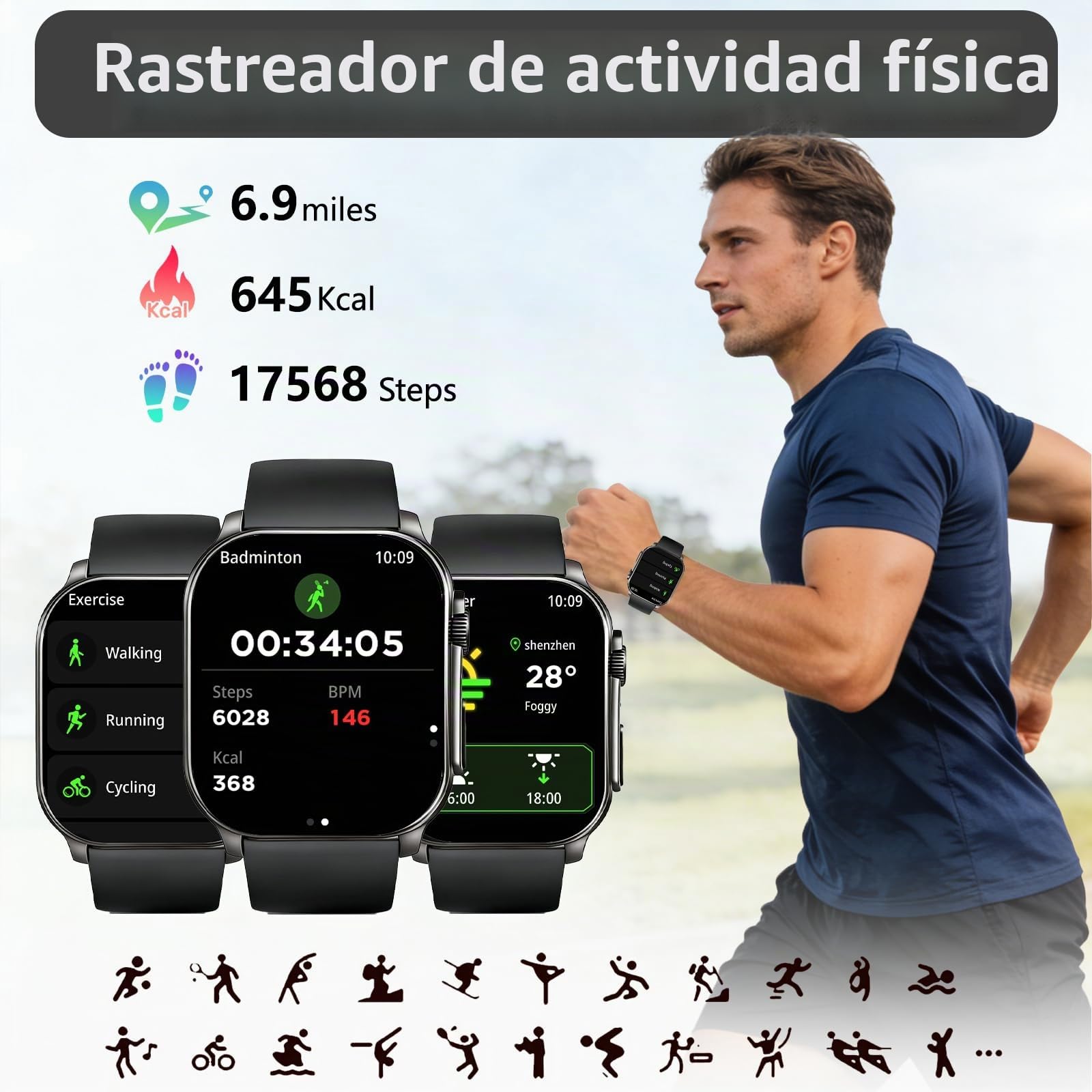 Reloj Inteligente Mujer Hombre, 2.01" Curva HD Smartwatch, Llamadas Bluetooth Smart Watch con Pulsómetro/Monitor de Sueño/Podómetro, 110+ Modos Deportivos, IP68 Pulsera Actividad para Android iOS