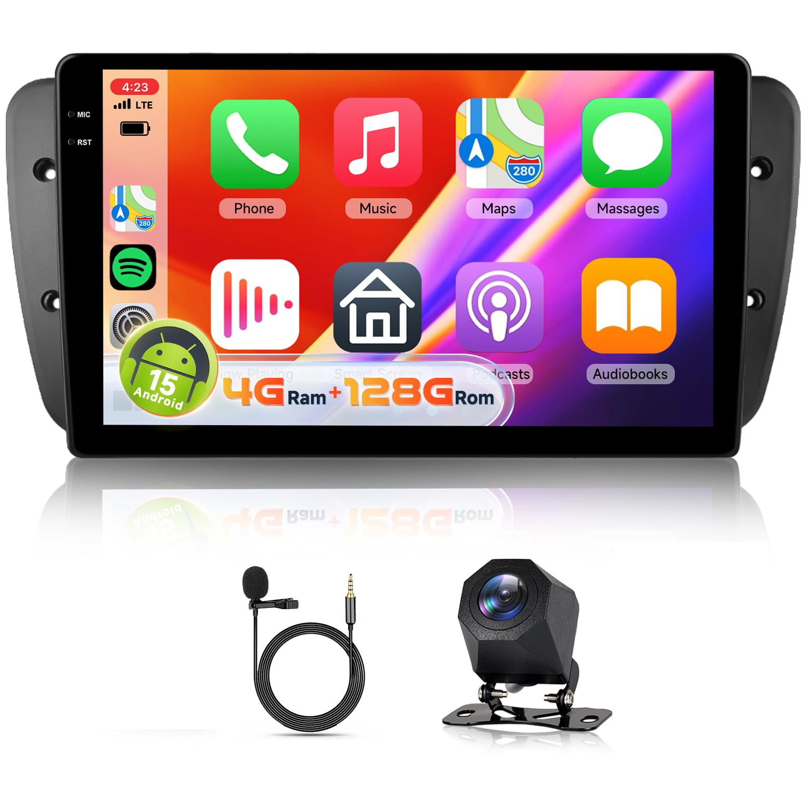 Radio samochodowe Hodozzy Carplay 4 + 128 G, do Seat Ibiza 6j 2009-2013, 9-calowy ekran w komórce, stereo, samochody stereo Bluetooth 5.0 z Android Auto/EQ/GPS/Wifi/RDS/USB/SWC + kamera cofania do