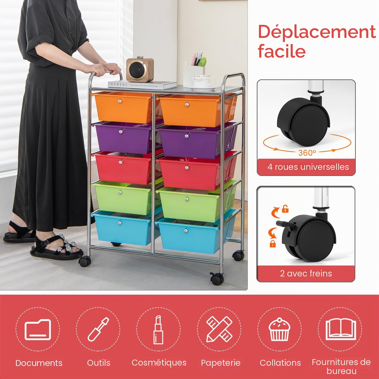 KOMFOTTEU Chariot de Rangement à 10 Tiroirs, Meuble Tiroir à Roulettes verrouillage, Chariot en plastique, Chariot organisateur, pour Bureau, Salle de Bains, Salon (Coloré)
