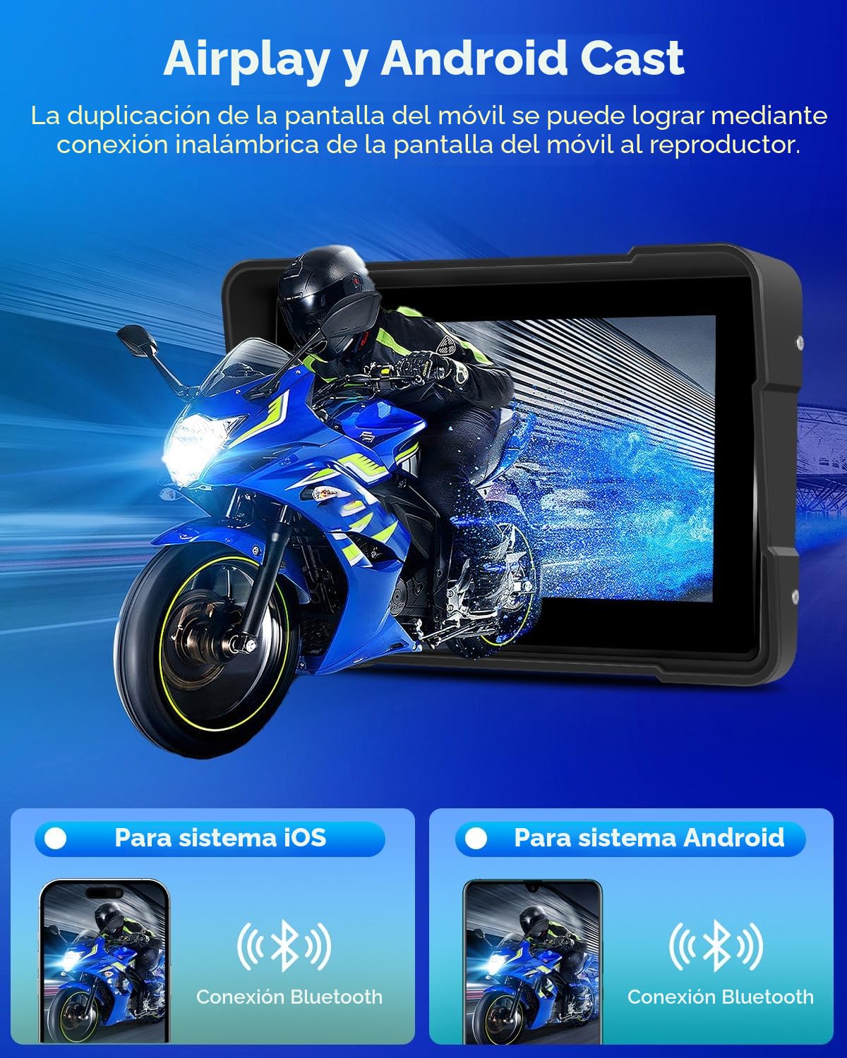 Inalámbrico Carplay Motorbike Navi Android Auto, 7 Pulgadas Pantalla Táctil Carplay Portátil para Motos, Radio de Coche para Motos con Airplay/Android Cast/Doble Bluetooth/Navegación/IP67 Impermeable