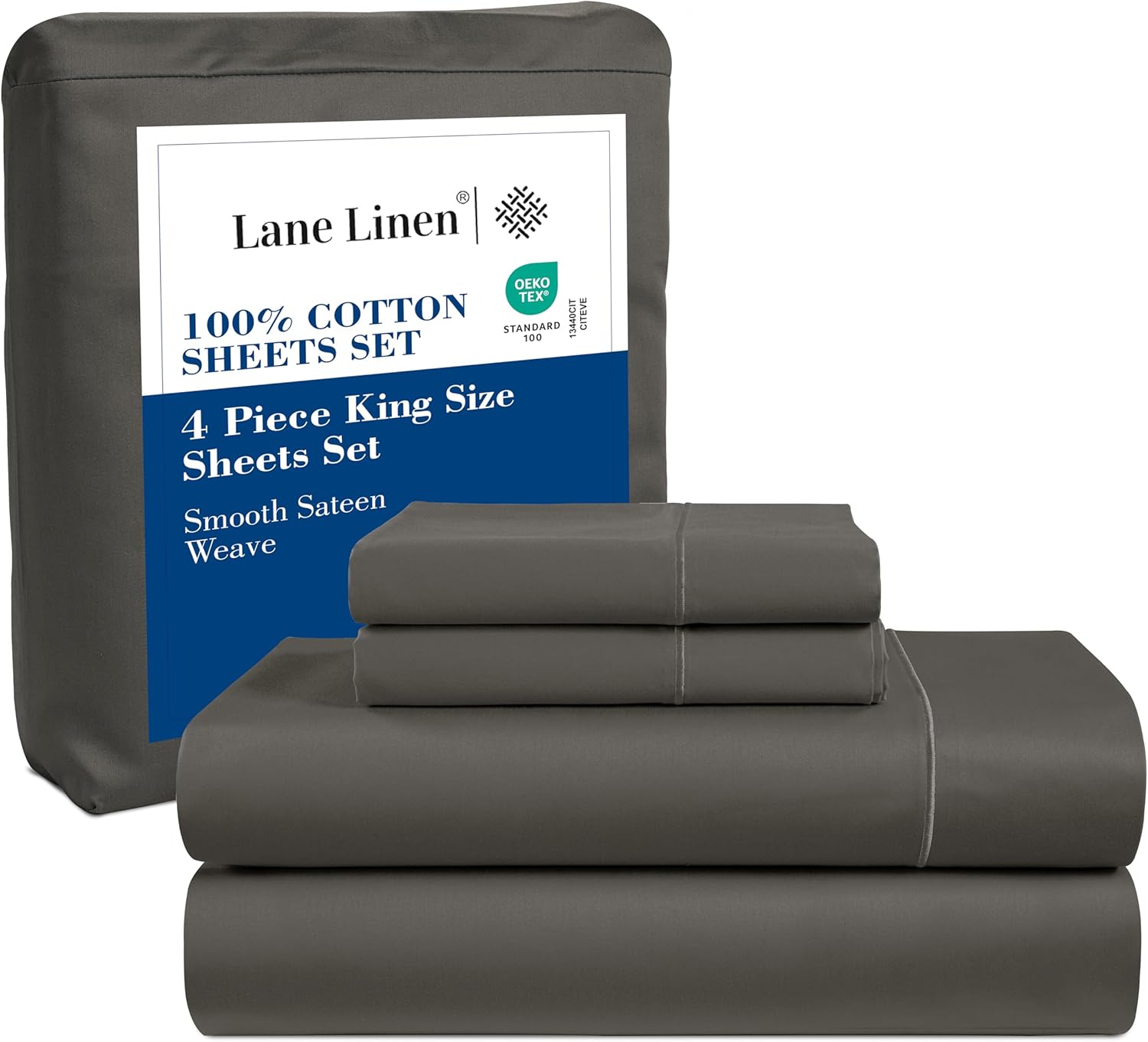 LANE LINEN 100% Cotton King Size Sheets Set  Fully Elasticized, Ultra Soft Mercerized Cotton Bed Sheets, Luxury Sateen Weave King Sheets with Deep Pockets  Charcoal