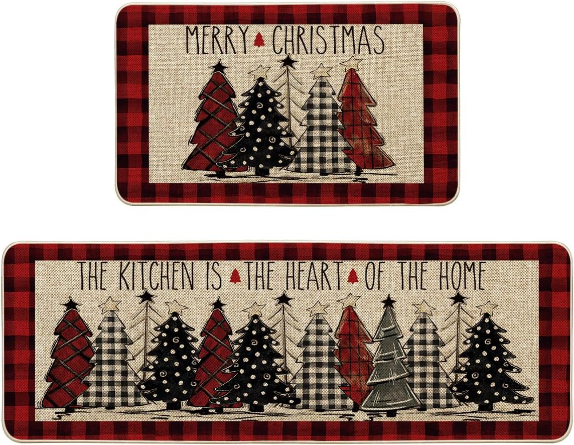 Artoid Mode Red Xmas Tree Kitchen Mats 2 pcs and Placemats Set of 4 for Christmas Winter Decoration