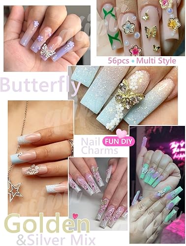 Miniatura 5 de 56 dijes de mariposa para uñas, cristales y diamantes de imitación, aleación 3D de metal claro dorado y plateado, dijes de mariposas brillantes,