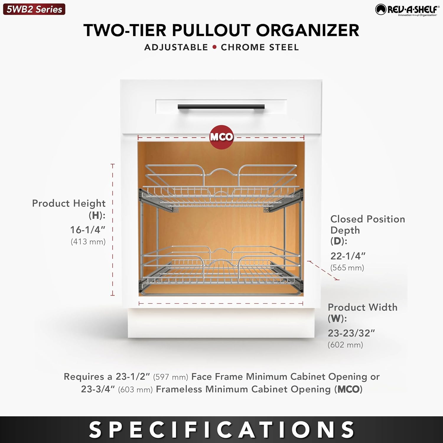 Rev-A-Shelf 2-Tier Kitchen Cabinet Pullout Shelf and Drawer Organizer Slide Out Pantry Storage Basket in Multiple Sizes, 24 x 22 In, 5WB2-2422-CR-1