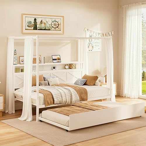 IRONCK Twin Canopy Daybed with Trundle & Charging Station，Sturdy Sofa Bed Frame with Storage, No Box Spring Needed for Living Room, Bedroom, Guest Room, White