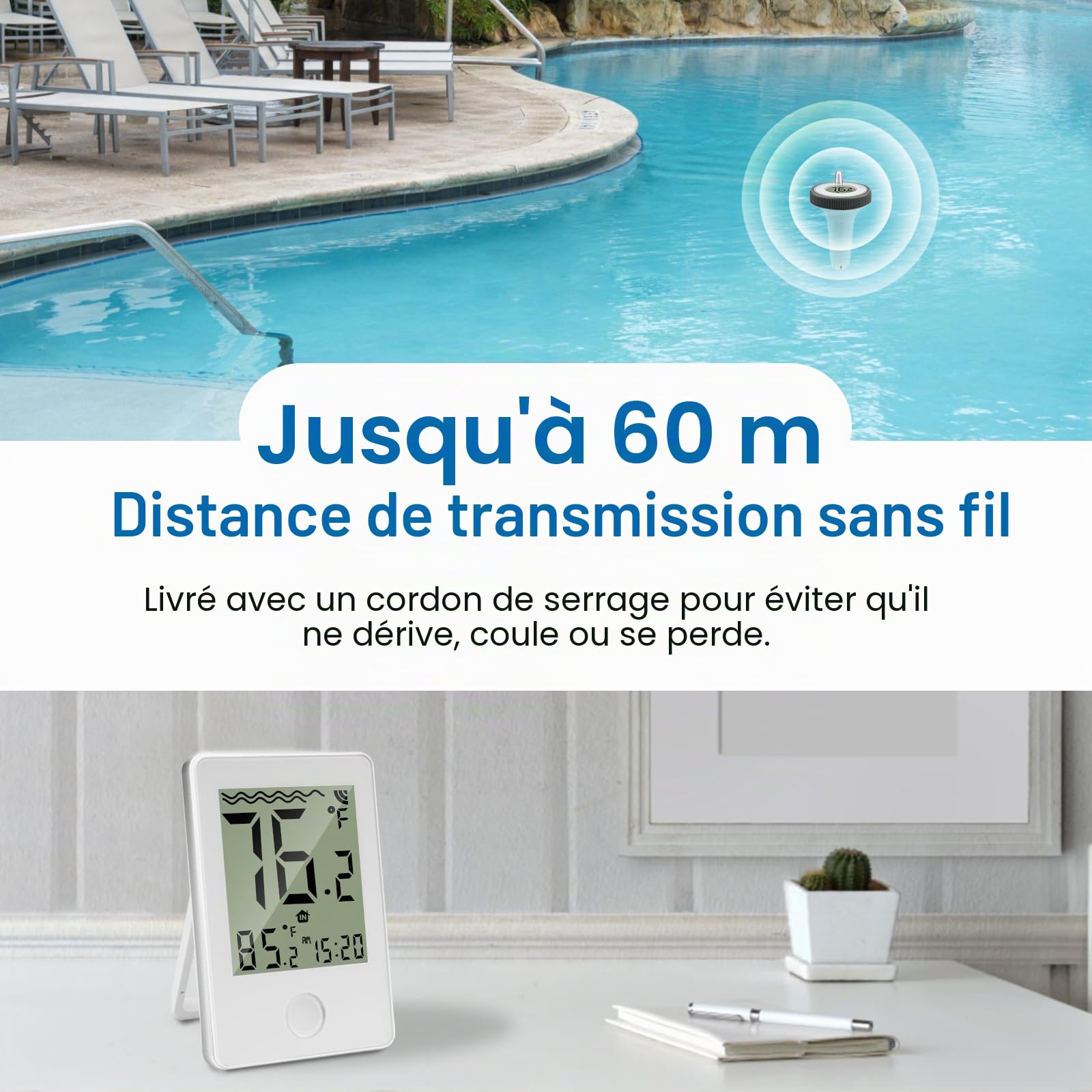 Thermomètre de Piscine Sans Fil, Thermomètre Numérique Flottant Sans Fil pour Piscines, Thermomètre de Piscine étanche IP67, Thermomètre d'eau Intérieur Extérieur pour Aquariums, Baignoires, étangs